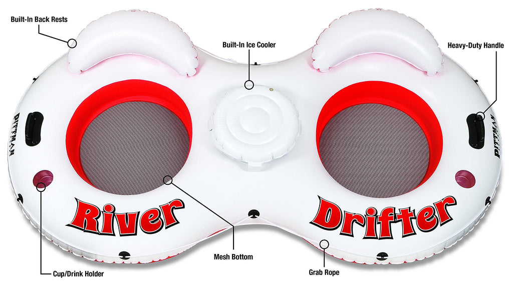 Pittman Outdoors River Drifter Inflatable Water Float Tube With Ice Chest Cooler, 2 Person