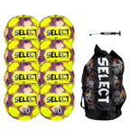 Select Numero 10 Soccer Ball, 8-Ball Pack with Duffle Ball Bag and Hand Pump, Yellow/Orange/Purple NFHS V25, Size 5