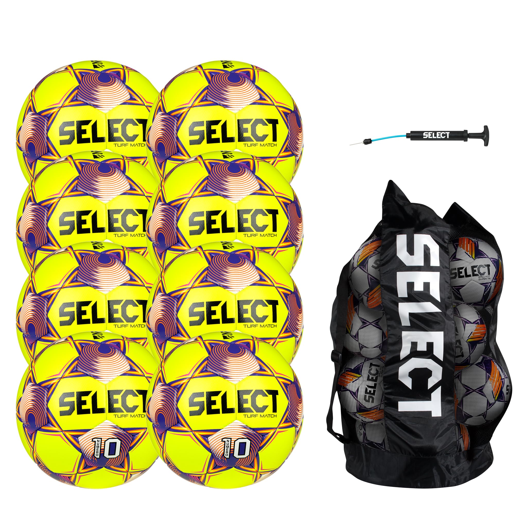 Select Numero 10 Soccer Ball, 8-Ball Pack with Duffle Ball Bag and Hand Pump, Yellow/Orange/Purple NFHS V25, Size 5