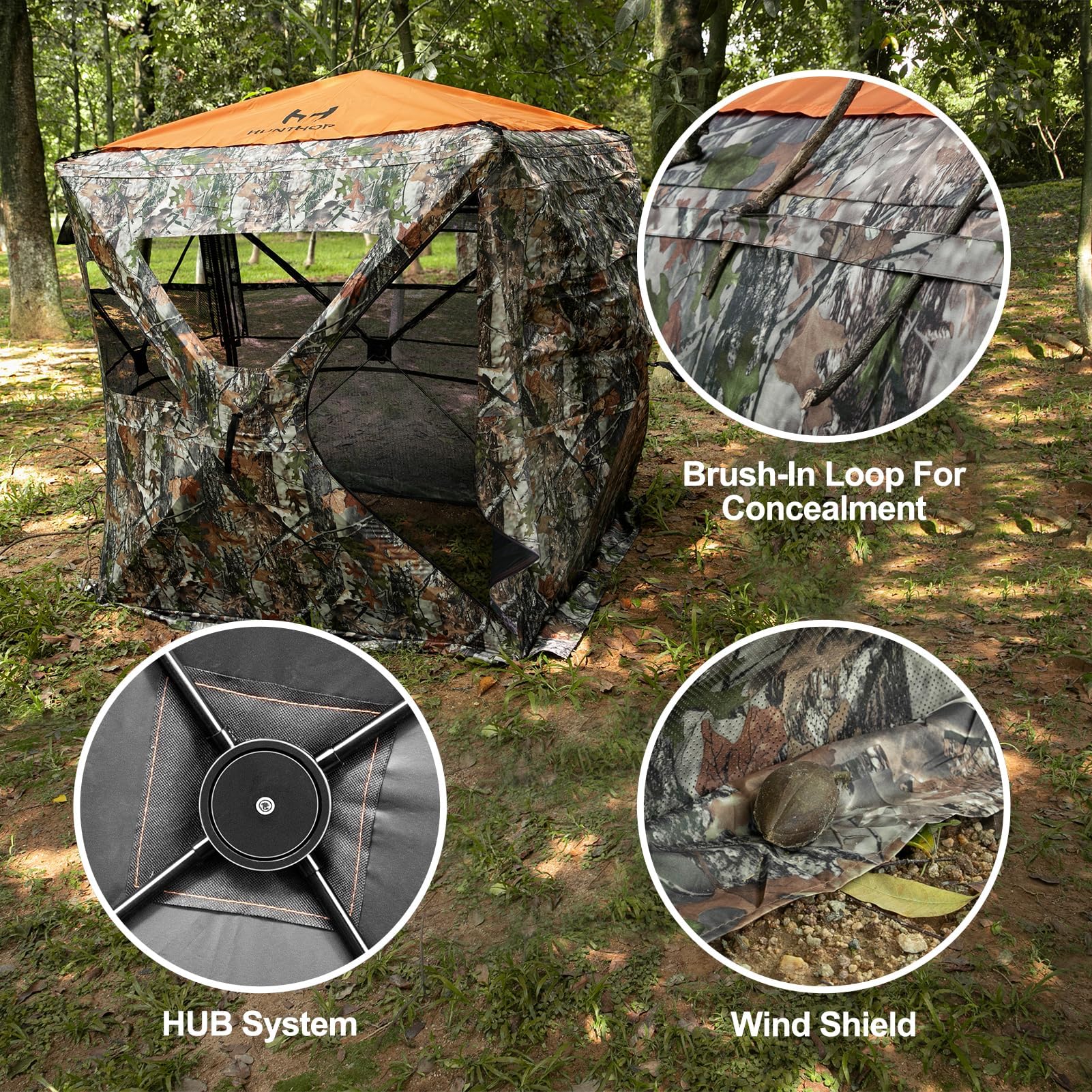 Hunthor Hunting Blind For 2-3 Person, 270 Degree See-Through Ground Blind With Silent Zipper And Orange Top, Portable Pop-Up Ten