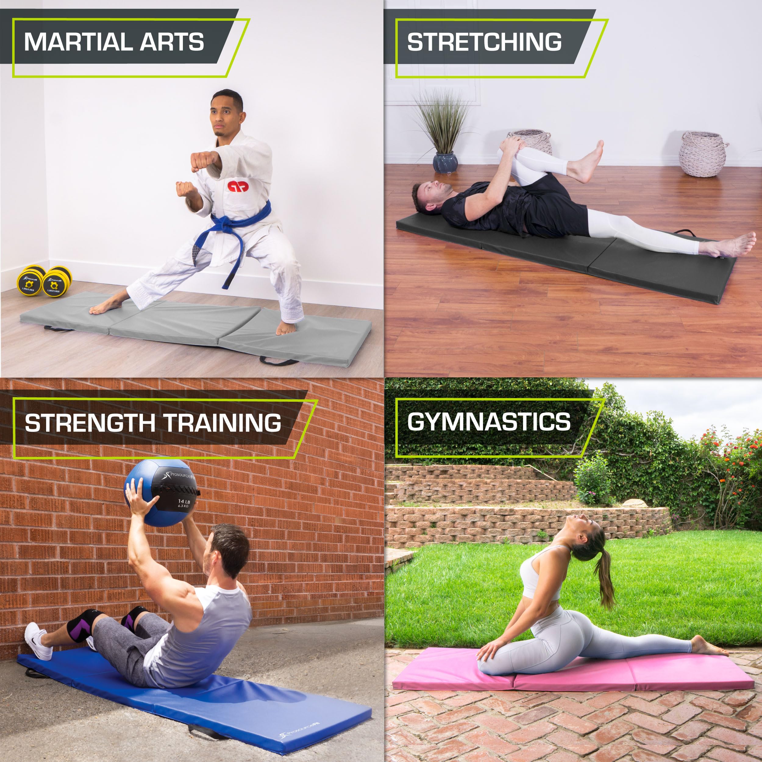 Prosourcefit Tri-Fold Folding Thick Exercise Mat 6X2 With Carrying Handles For Mma, Gymnastics Core Workouts, Black
