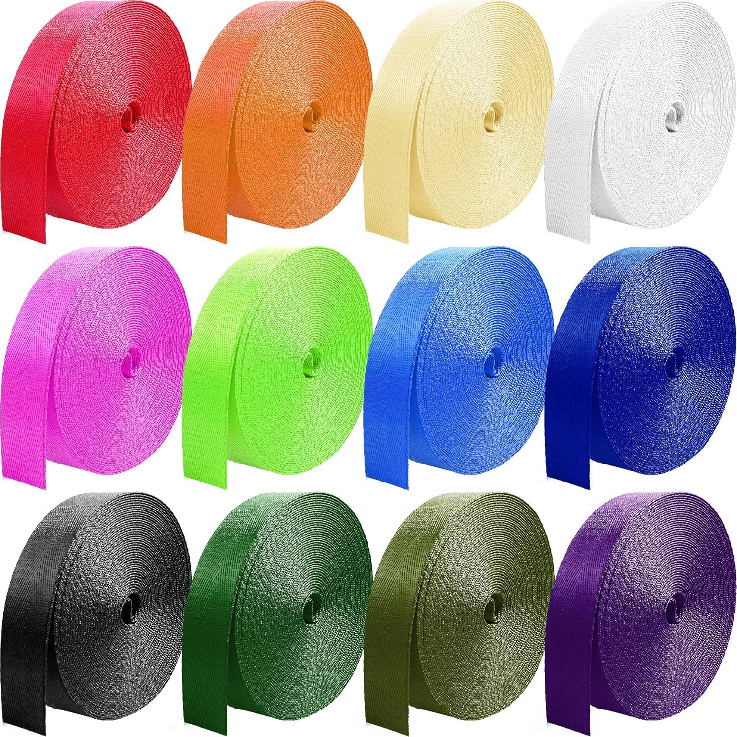 Grosun 12 Rolls Nylon Webbing Straps, 1 inch, 1.5 inch, 2 inch, 10 Yards, 25 Yards, 50 Yards, 3.3 Yards, Multicolor, Climbing We