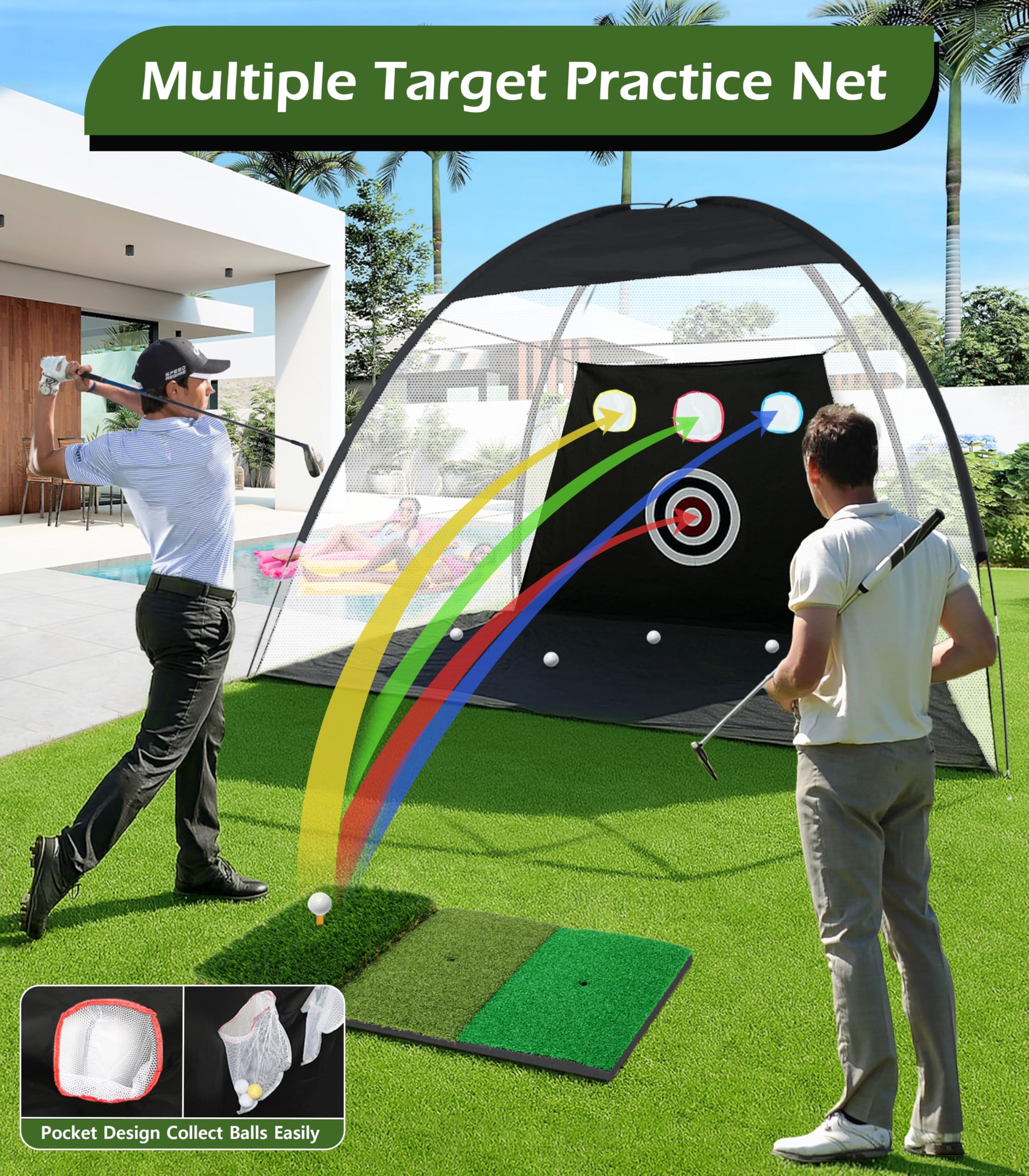 Golf Net, 10X7Ft Home Golf Hitting Aids Equipment With Foldable Tri-Turf Mat For Backyard Driving Chipping Swing With Training T