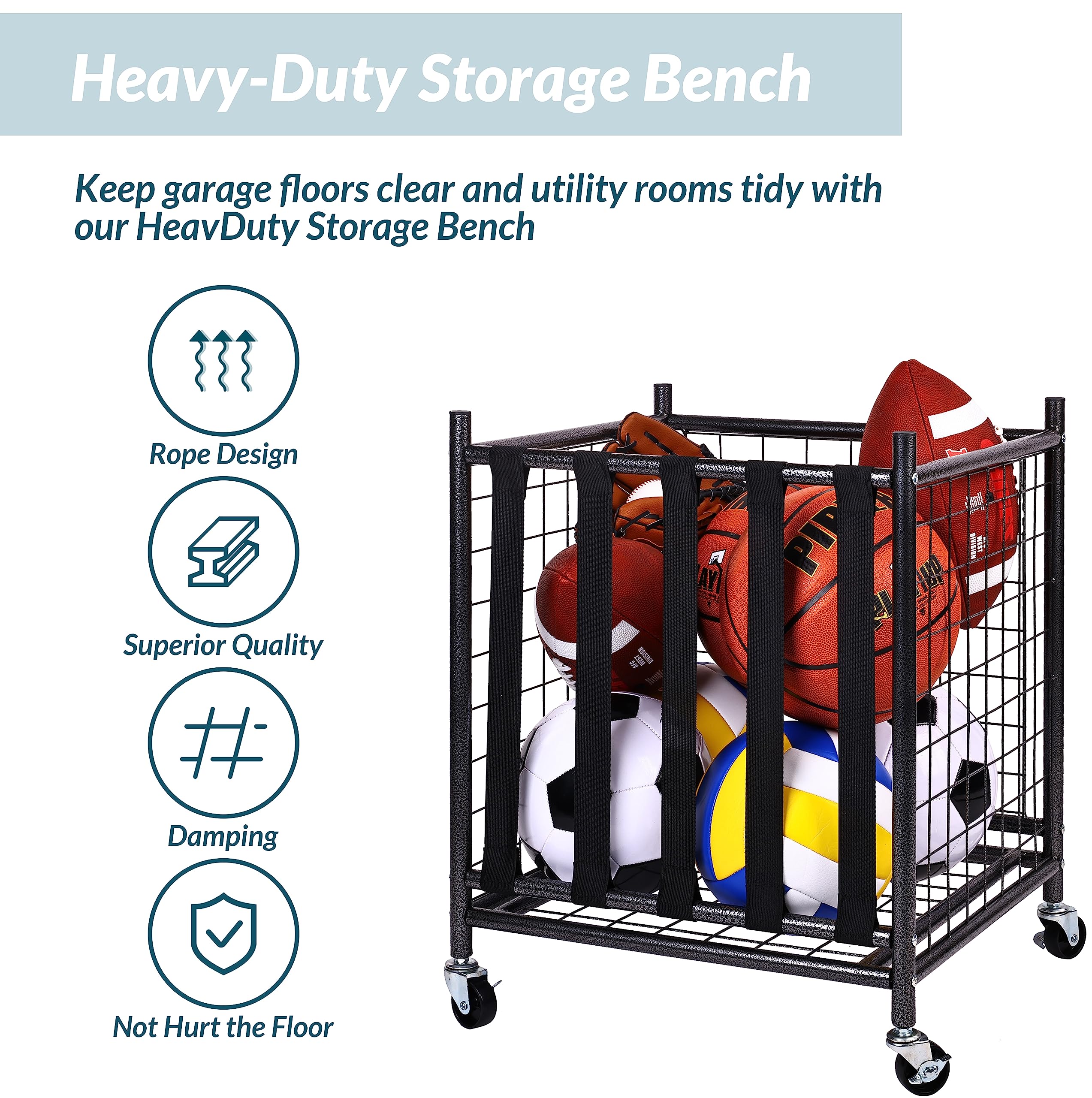 Fitvids Sports Equipment Organizer, Ball Storage Cart With Baskets And Hooks, Rolling Gear Storage For Garage, Black Steel