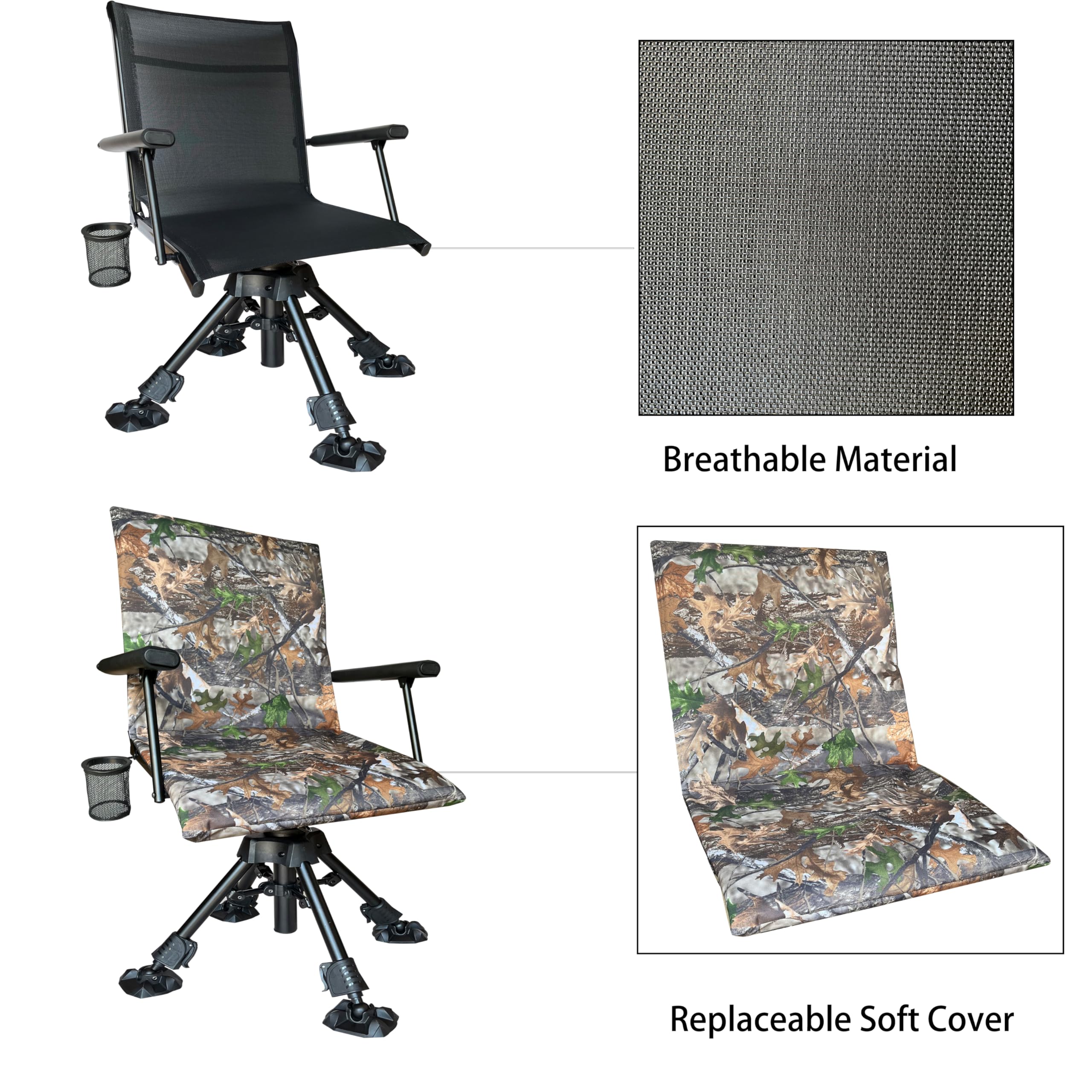 Cross Mars Silent Swivel Stable Portable Ground Folding Outdoor Camping Fishing Hunting Blind Chair Seat With Cover, 4 Legs Adju
