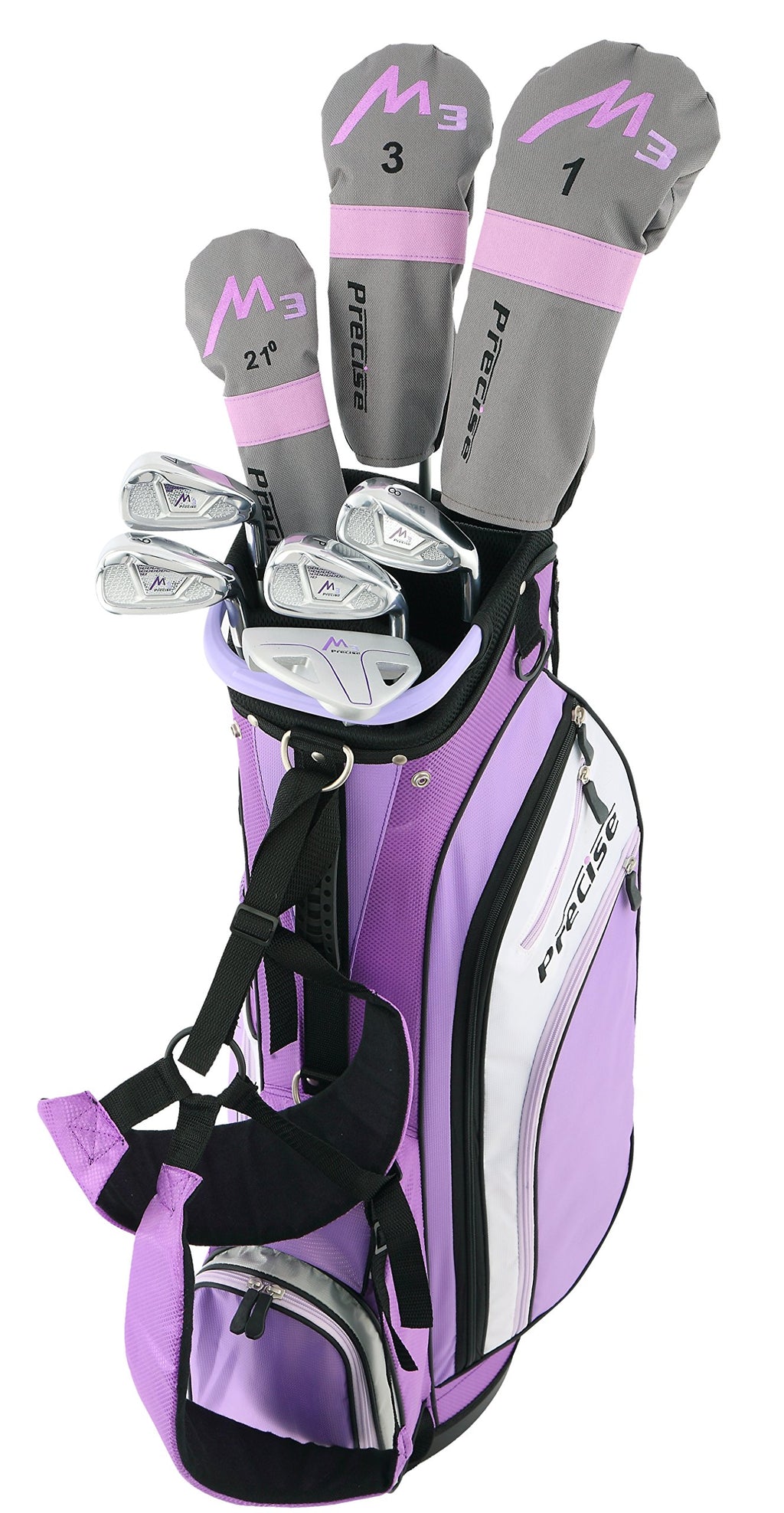 Precise M3 Ladies Womens Complete Golf Clubs Set Includes Driver, Fairway, Hybrid, 7-Pw Irons, Putter, Stand Bag, 3 H/Cs Purple