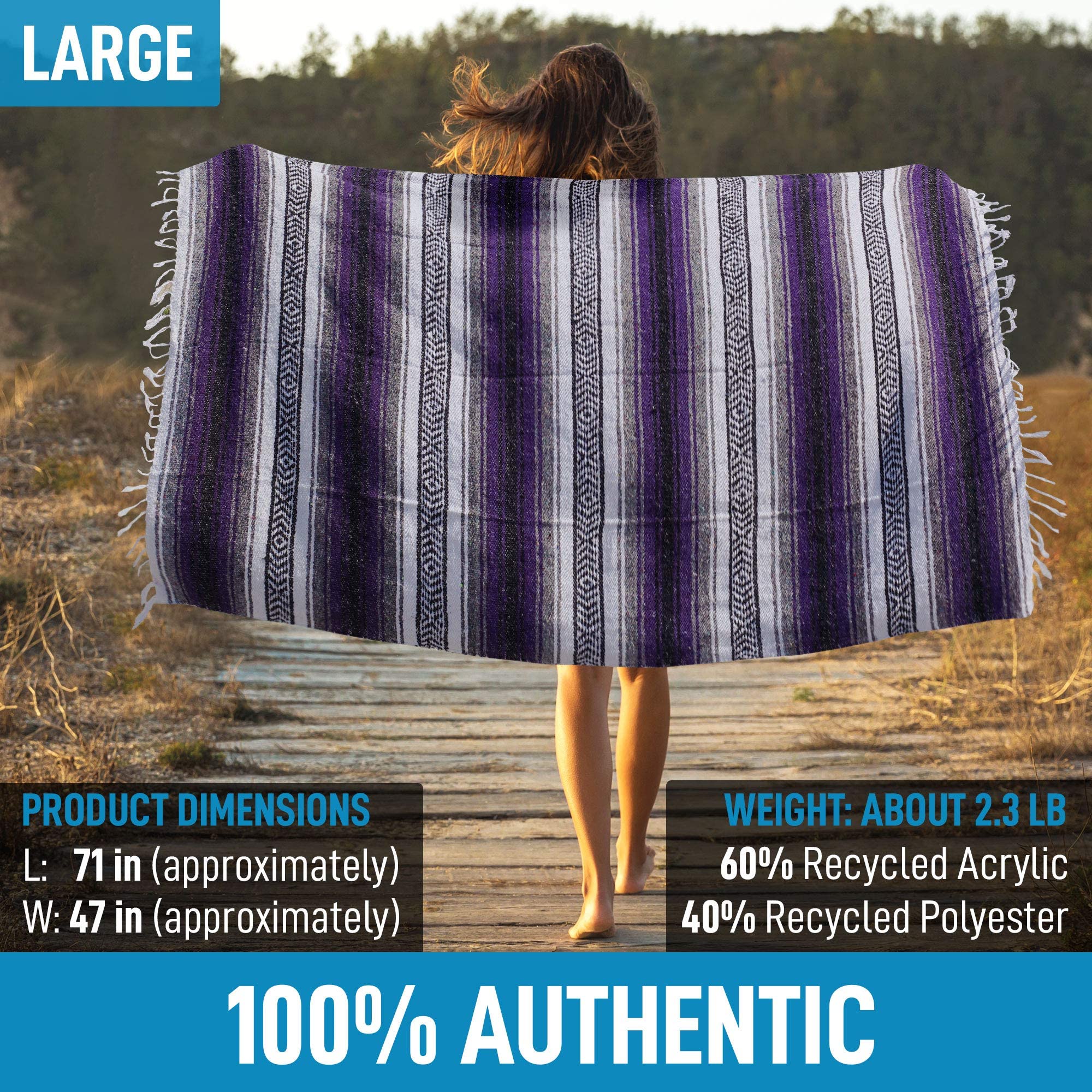 Hydration Nation Authentic Extra Large Mexican Blanket (70X50) - Handwoven Yoga, Serape - Artisanal Falsa, Beach, Camping, Picni