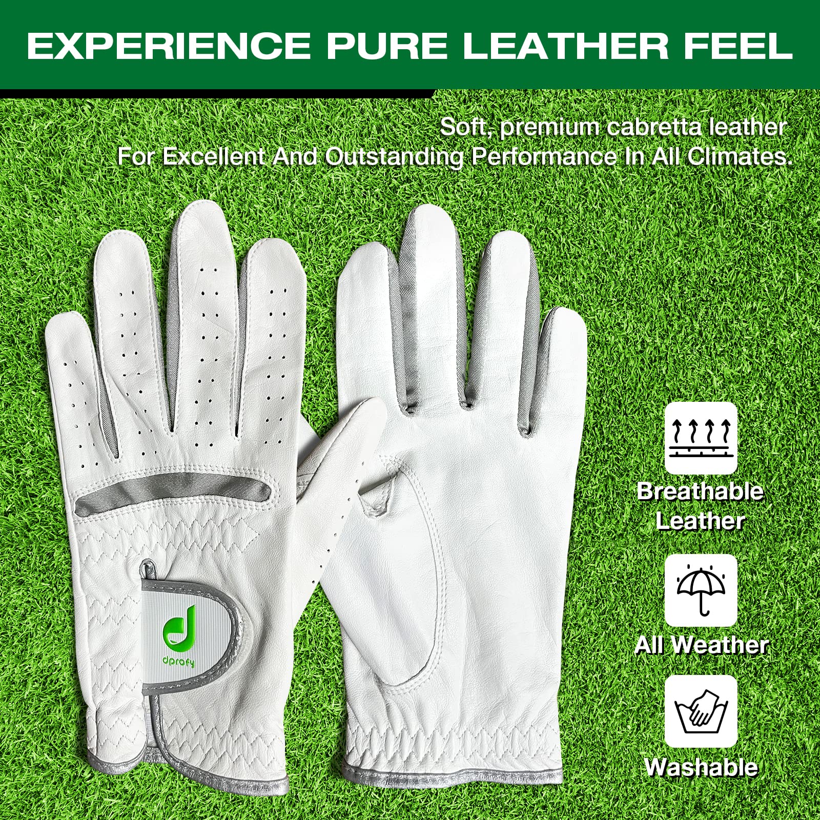 Dprofy Mens Golf Glove Pro Cabretta Leather Golf Gloves Golf Accessories, Pack Of 2 (Medium)