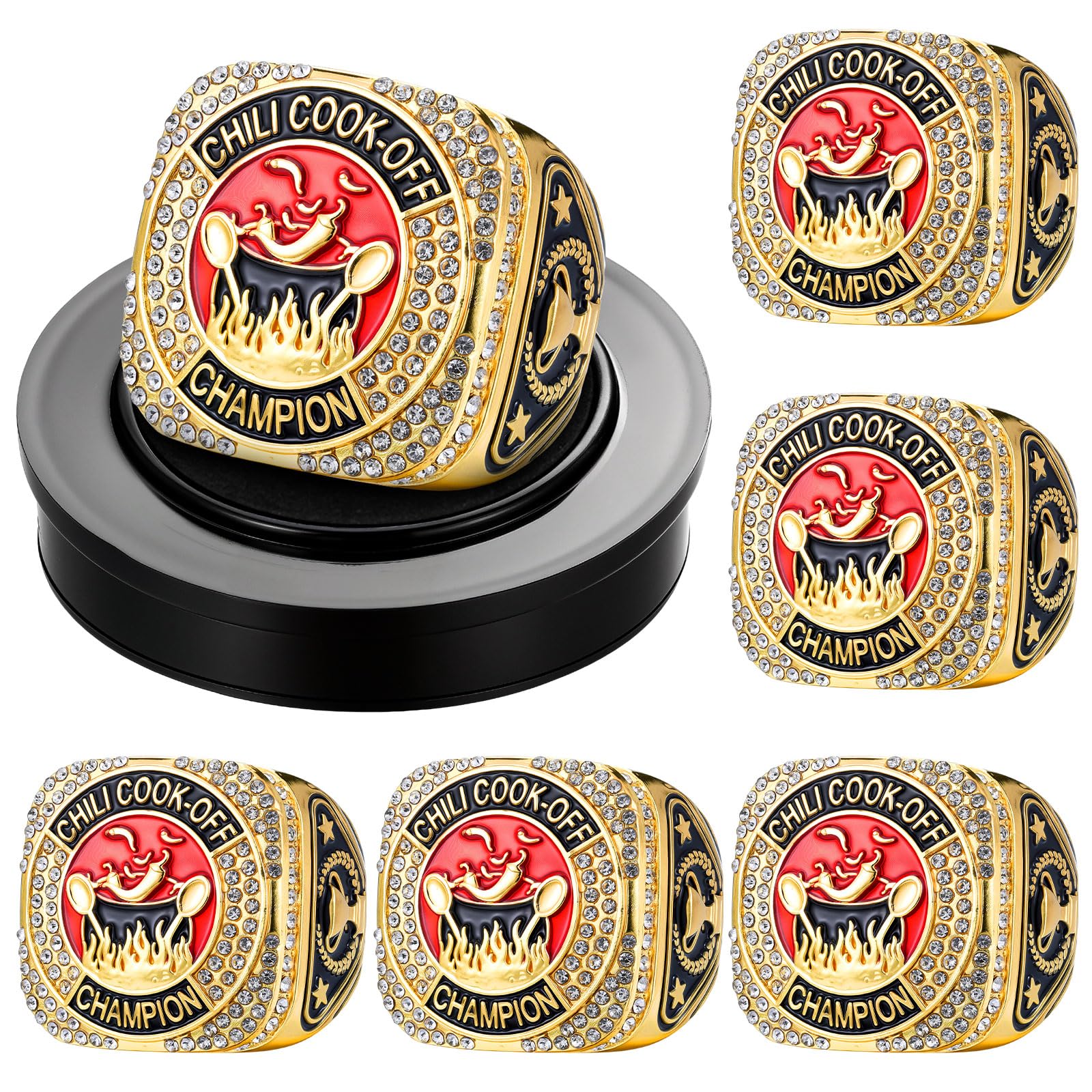 Liliaafar 6 Sets Chili Cook off Championship Trophy Ring Gold Ring Awards Prize with Display Neck Chain and Stand Chili Cook off