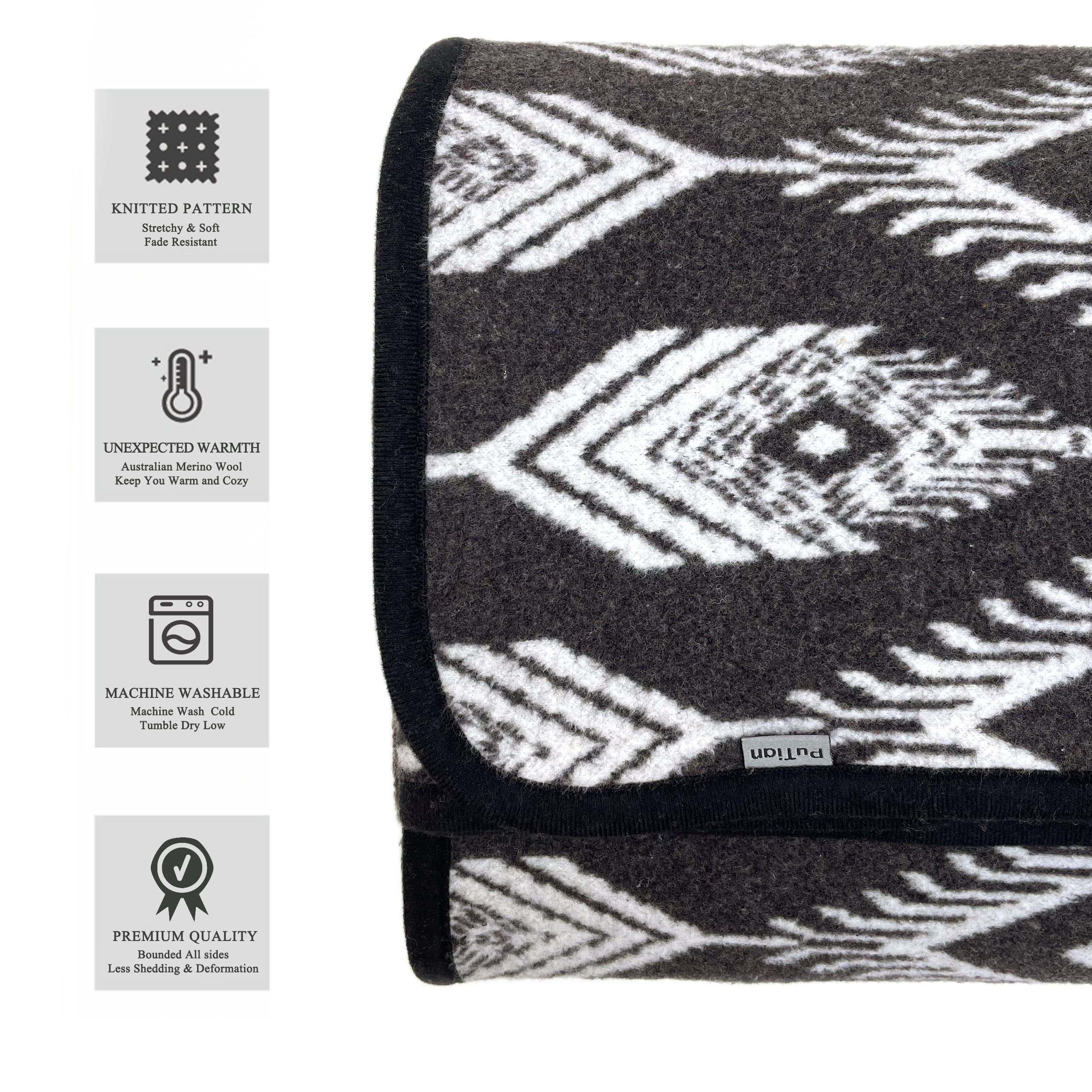 Putian Merino Wool Blanket Camping Outdoor Blanket - 63'' X 51'' Bohemia Grey Great For Camping, Outdoors, Sporting Events, Surv