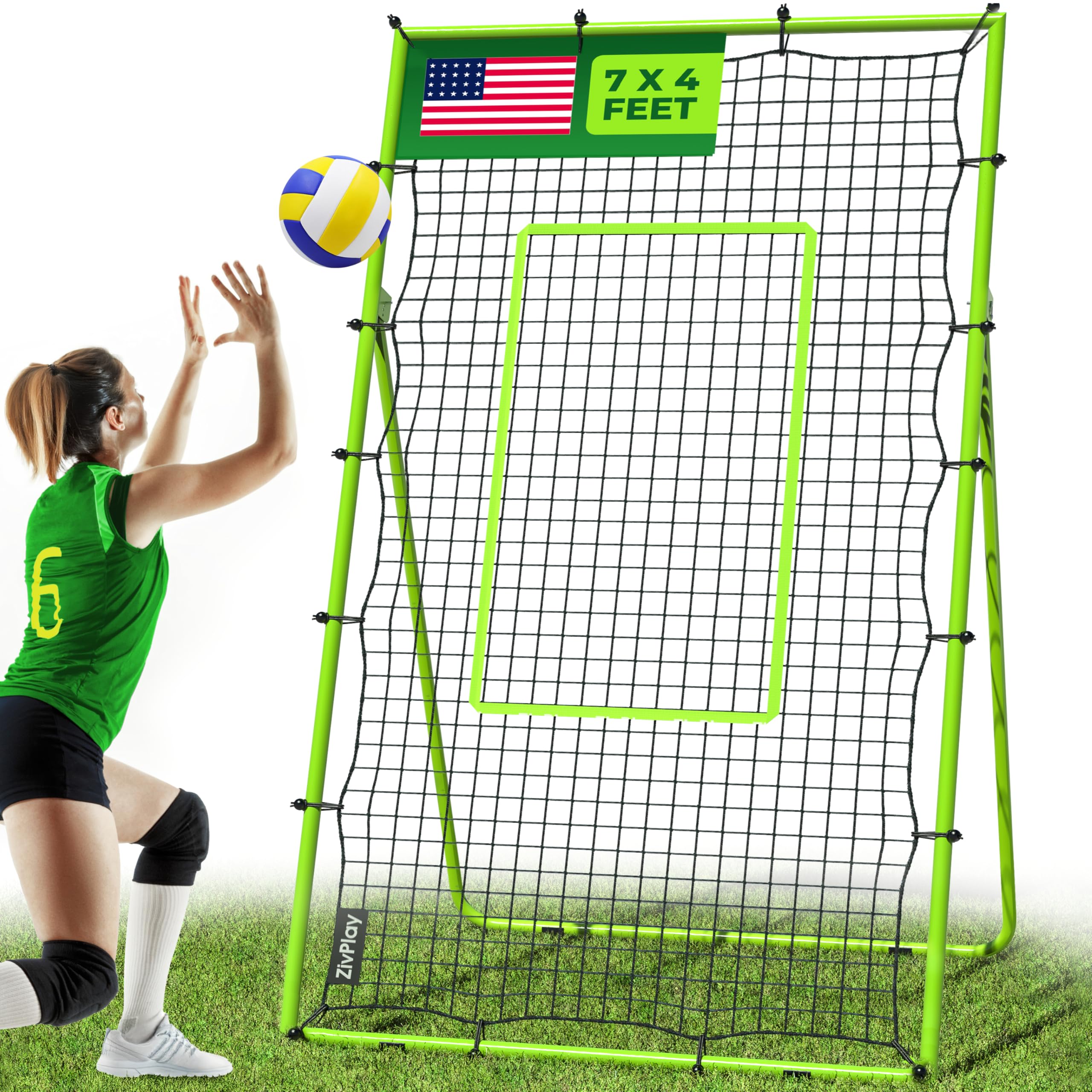 Volleyball Rebounder Net Lacrosse Rebounder Bounce Back Equipment with 5 Adjustable Rebound Angles Ground Stakes Neon Strap for 