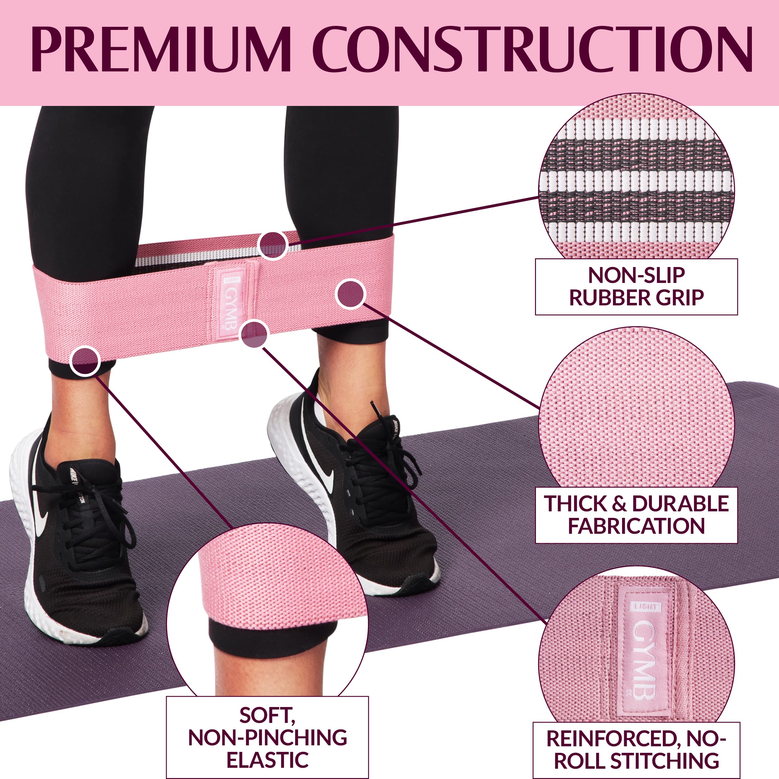 Gymbee Resistance Bands For Working Out, 3 (Pink, Cyan, Lavender) - Men/Women Exercise Bands, Glutes, Thighs, Legs - Non-Slip Cl