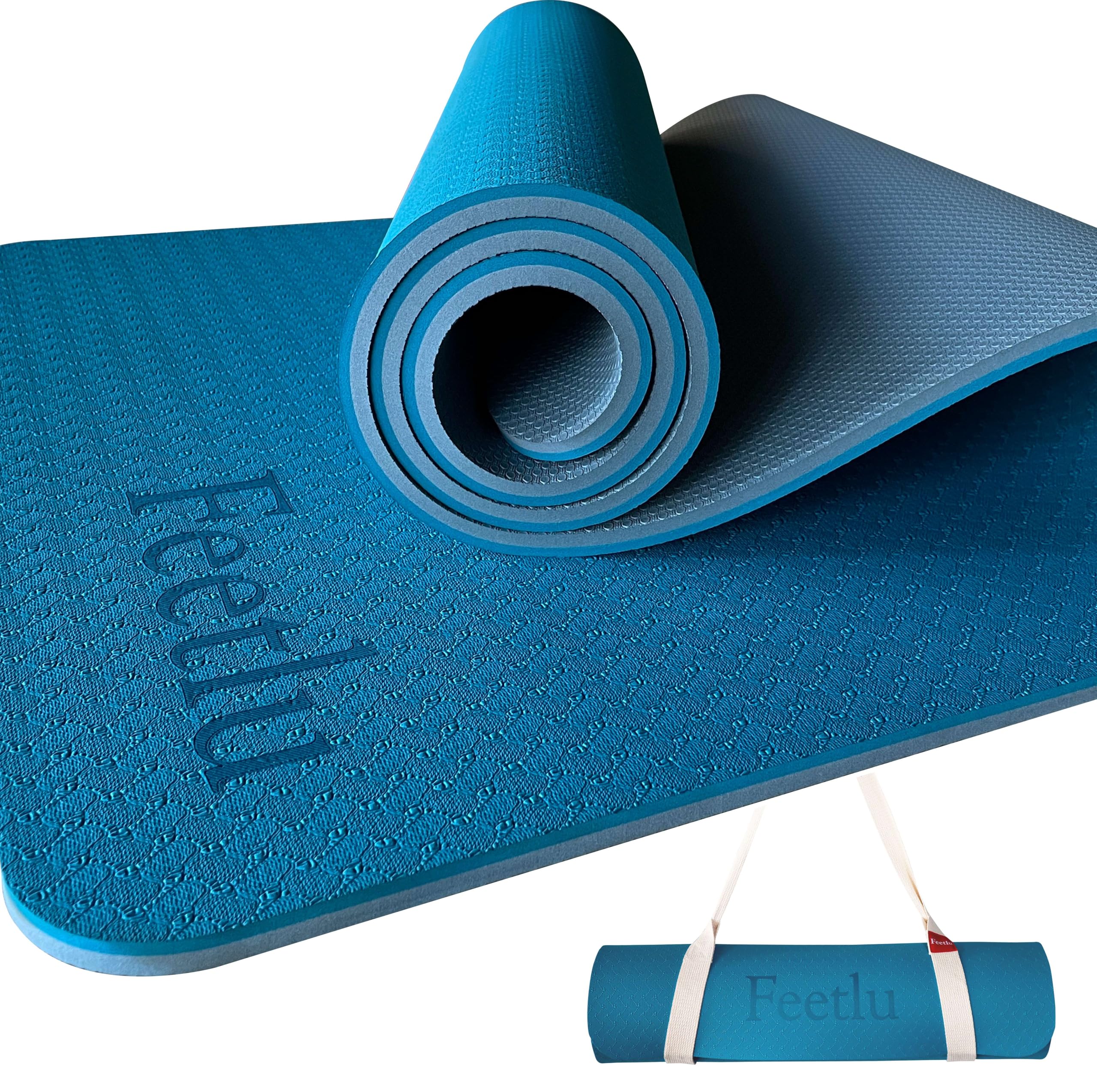 Feetlu Extra Thick Exercise Yoga Mat with Strap - 2/5 Inch (10MM), Non-Slip Workout Mat for Yoga, Pilates, and Floor Exercises(T