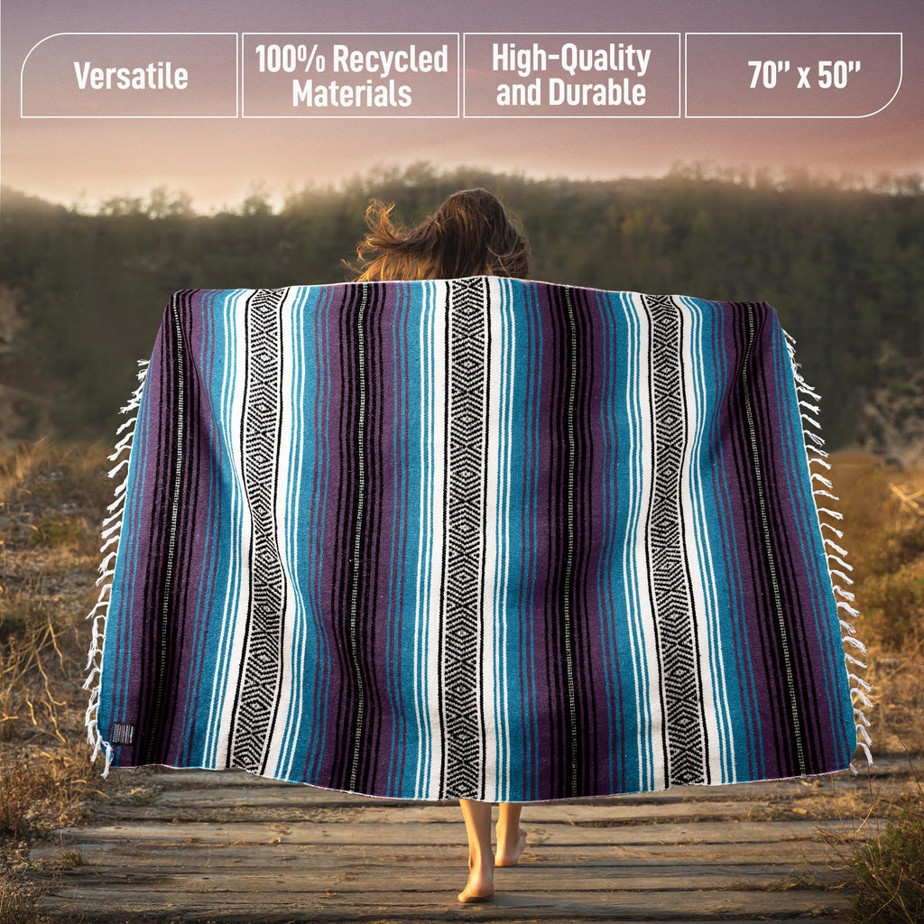 Hydration Nation Authentic Extra Large Mexican Blanket (70X50) - Handwoven Yoga, Serape- Artisanal Falsa, Beach, Camping, Picnic