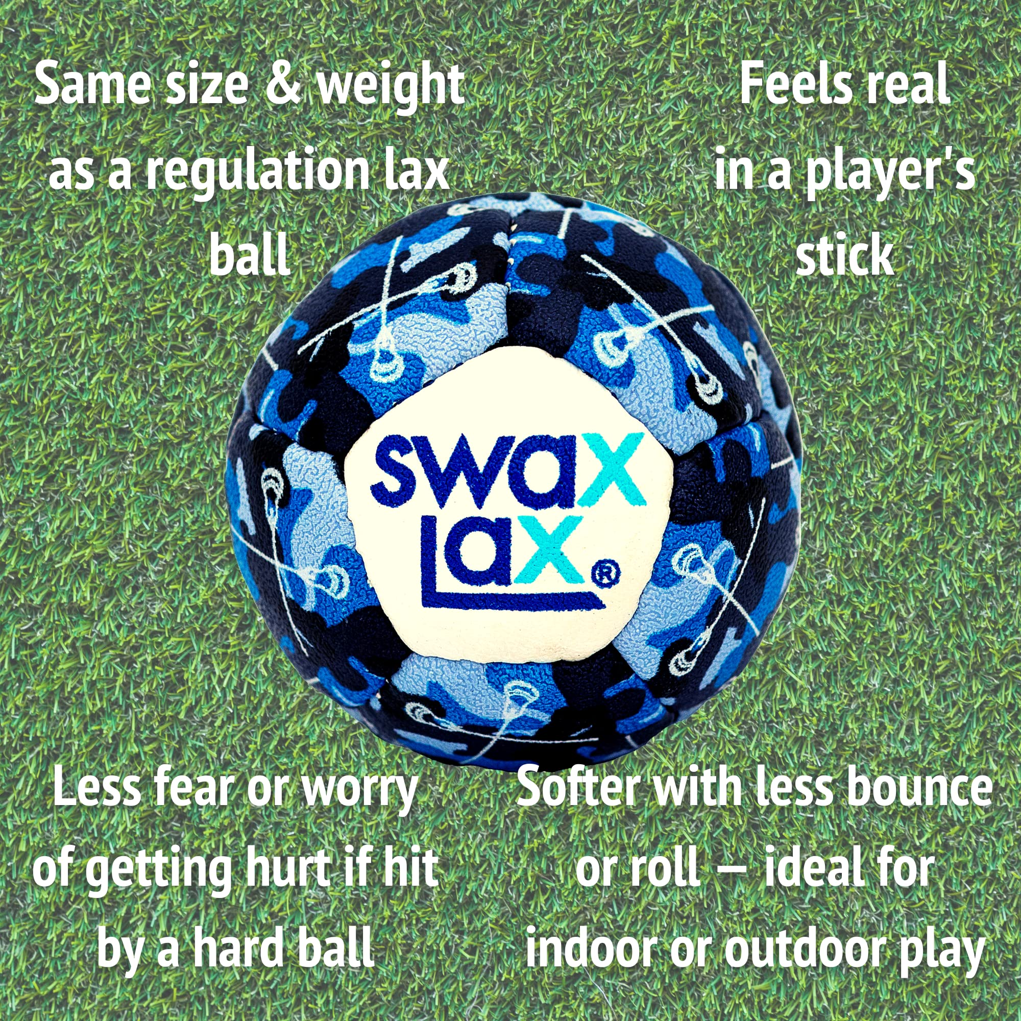 Swax Lax Lacrosse Training Ball - Indoor Outdoor Practice Less Bounce & Rebounds (1 Blue Camo Sticks)