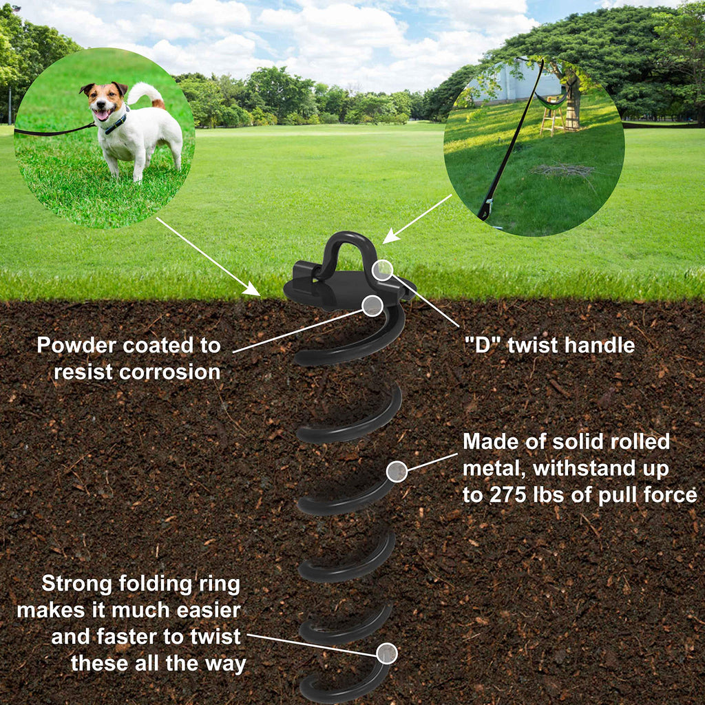 Abccanopy 10'' Spiral Ground Anchor With Dog Tie Out For Anchor Swings Set Down, Tent (Black)