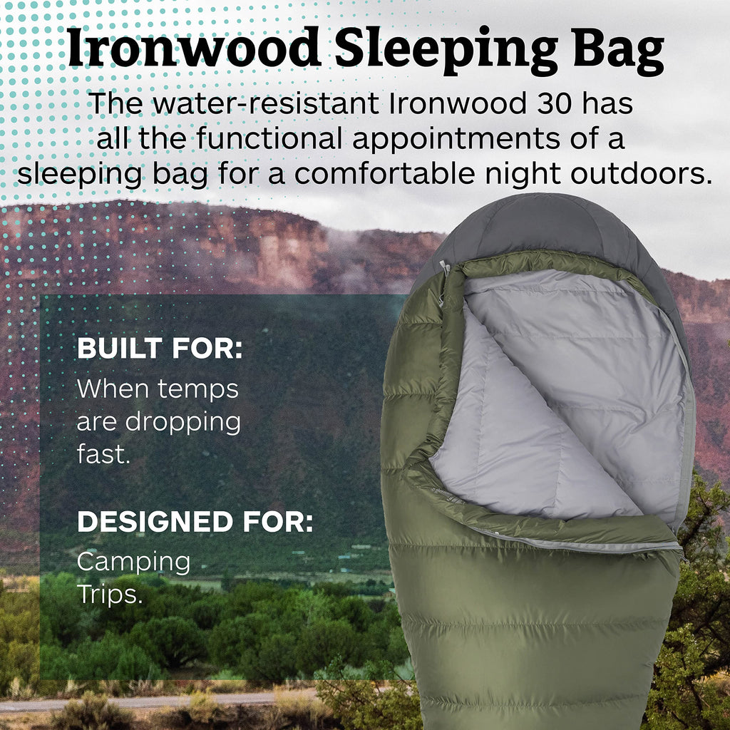 Marmot Ironwood Mummy Sleeping Bag  Down-Filled, Lightweight, 30-Degree Rating, Bomber Green/Steel Onyx, Regular