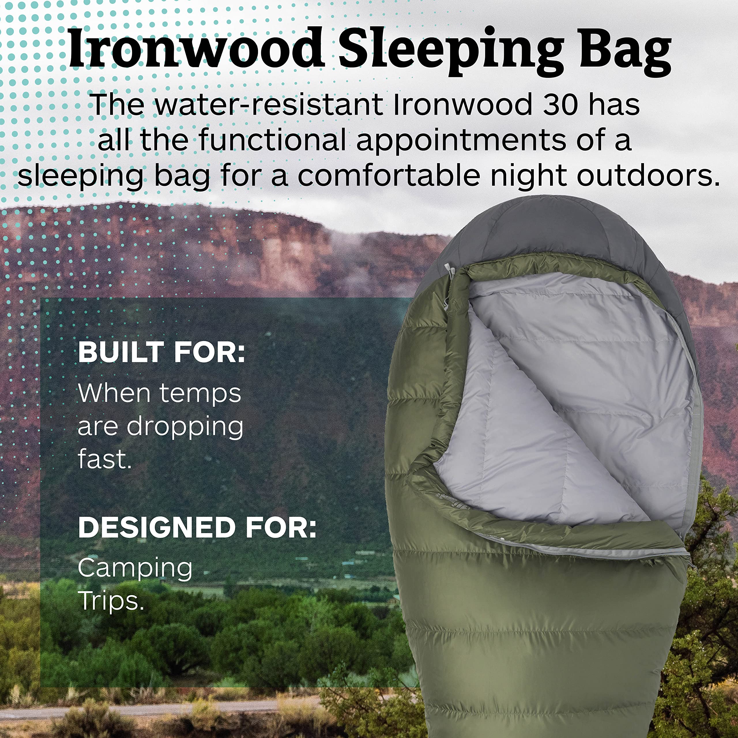 Marmot Ironwood Mummy Sleeping Bag  Down-Filled, Lightweight, 30-Degree Rating, Bomber Green/Steel Onyx, Regular