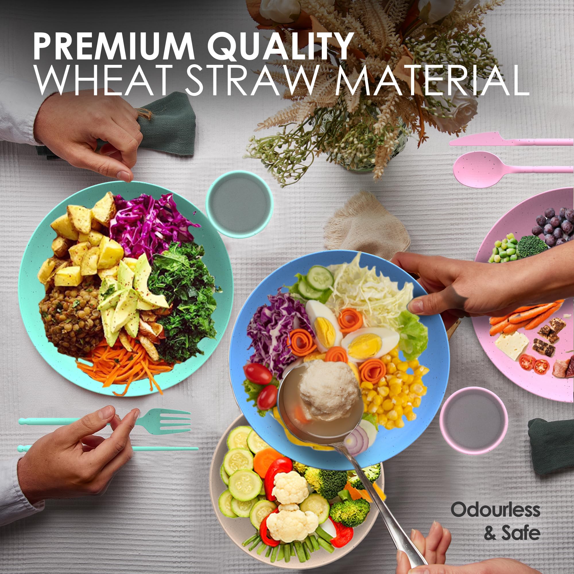 Dinethics Wheatstraw Dinnerware Sets For 4 - Alternate To Plastic Dishes - Dishwasher Safe Microwave Plates - Unbreakable Dinner