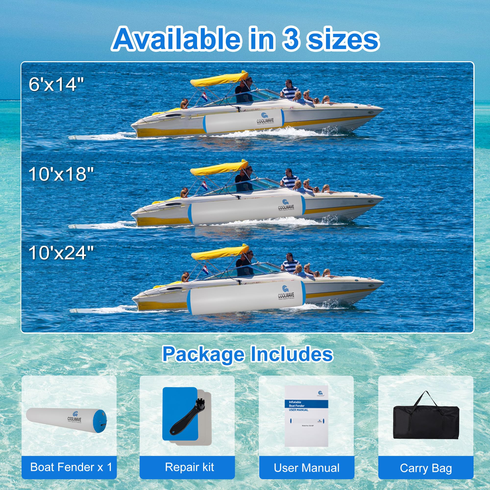 Coolwave 10Ft Inflatable Boat Fenders, Upgraded Boat Bumper For Docking, Heavy Duty Dock Fender With Storage Bag, Dock Bumper Fo