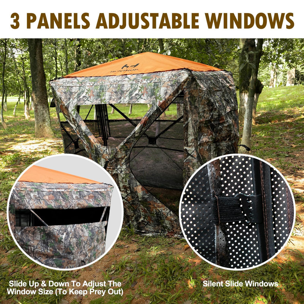 Hunthor Hunting Blind For 2-3 Person, 270 Degree See-Through Ground Blind With Silent Zipper And Orange Top, Portable Pop-Up Ten
