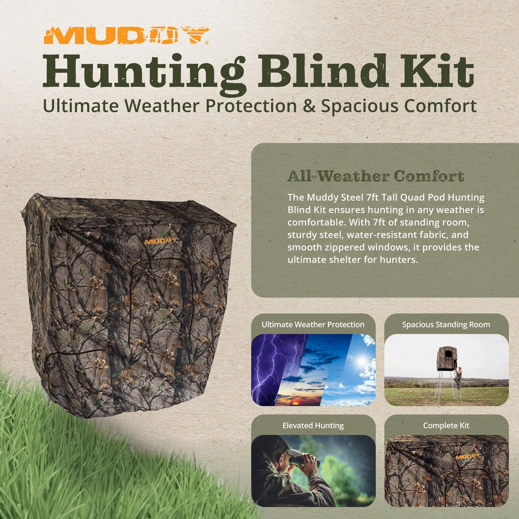 Muddy Steel 7' Tall Quad Pod Hunting Blind Cover With 4 Zippered Windows (Stand Not Included) - Portable Camouflage Shelter And