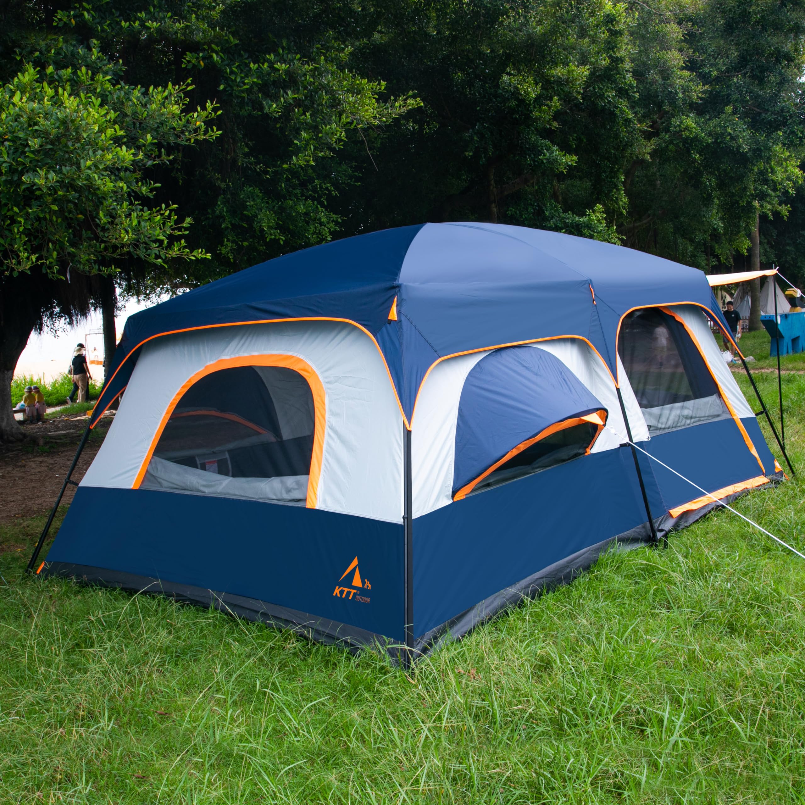 Ktt Extra Large Tent 12 Person,2 Bay-Windows,Family Cabin Tents,14'Lx10'Wx6.58'H,2 Rooms And 3 Doors 3 Windows With Mesh,Waterpr