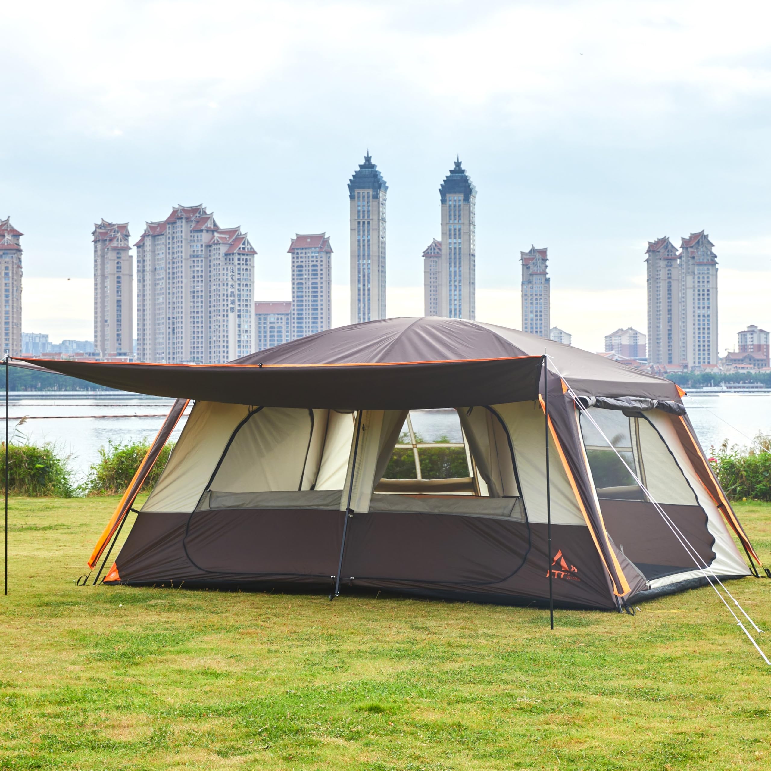 Ktt Extra Large Tent 12 Person(A),Awning Family Cabin Tents,2 Rooms,3 Doors And 3 Windows With Mesh,Straight Wall,Waterproof,Dou