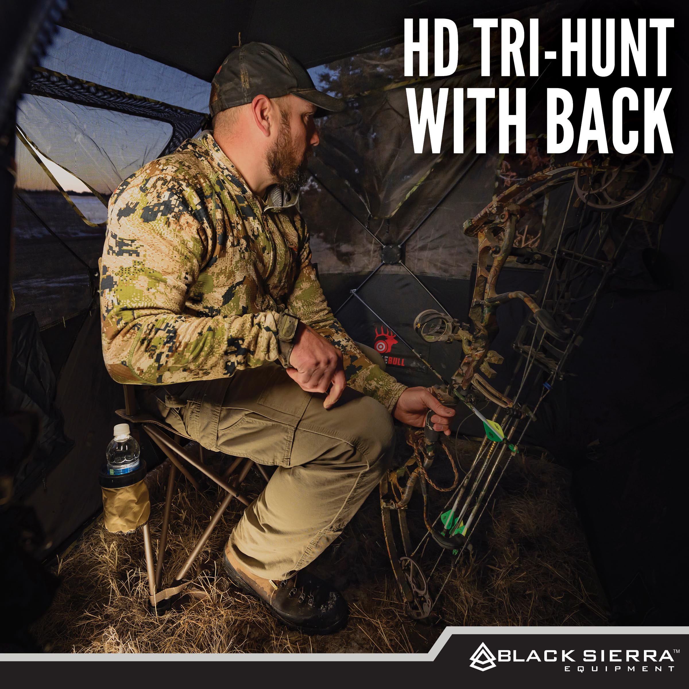 Black Sierra Xl Tripod Hunting Stool, Foldable Tripod Seat W/Steel Frame Supports 300 Lbs, Heavy Duty Fishing Chair Features Cup