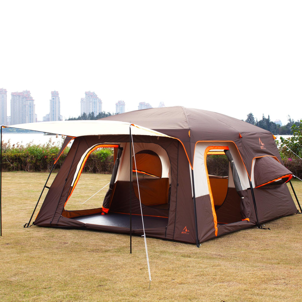 Ktt Extra Large Tent 12 Person,2 Bay-Windows,Family Cabin Tents,14.1'Lx10'Wx6.58'H,2 Rooms And 3 Doors 3 Windows With Mesh,Water