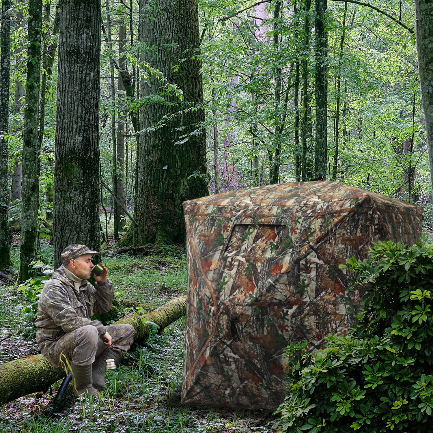 Funhorun Hunting Blind With Floor Mat, 360 Degree See Through Ground Blind With Carrying Bag, 2/3 Person Pop Up Camouflage Tent