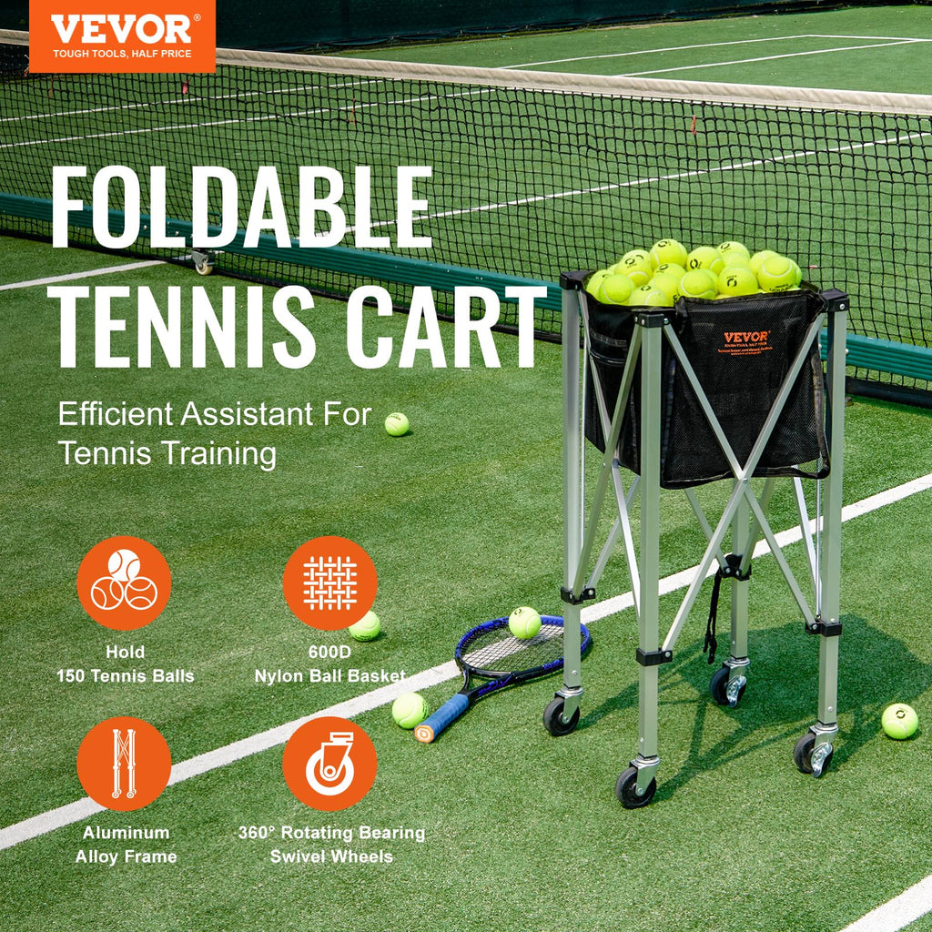 Vevor Foldable Tennis Ball Hopper, Holds 150 Tennis Balls, Lightweight Aluminum Alloy Tennis Ball Basket Cart With Wheels, Remov