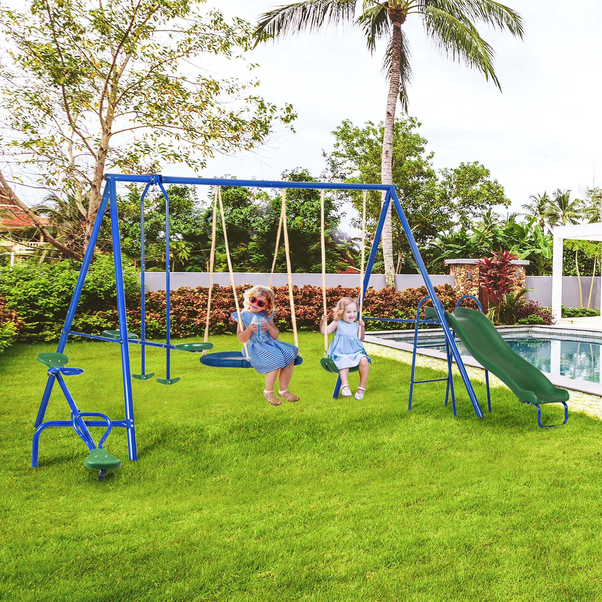 Outsunny Swing Set For Backyard, 5 In 1 Heavy-Duty A-Frame Stand Outdoor Playset For Kids With 29.5'' Saucer Swing, Slide, Seesa
