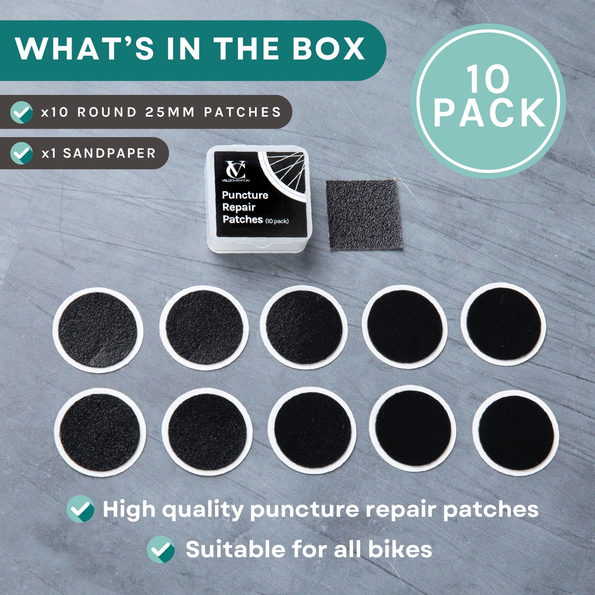 Velochampion Lightweight Bike Puncture Repair Glueless Self-Adhesive Patches Kit (10 Pack)