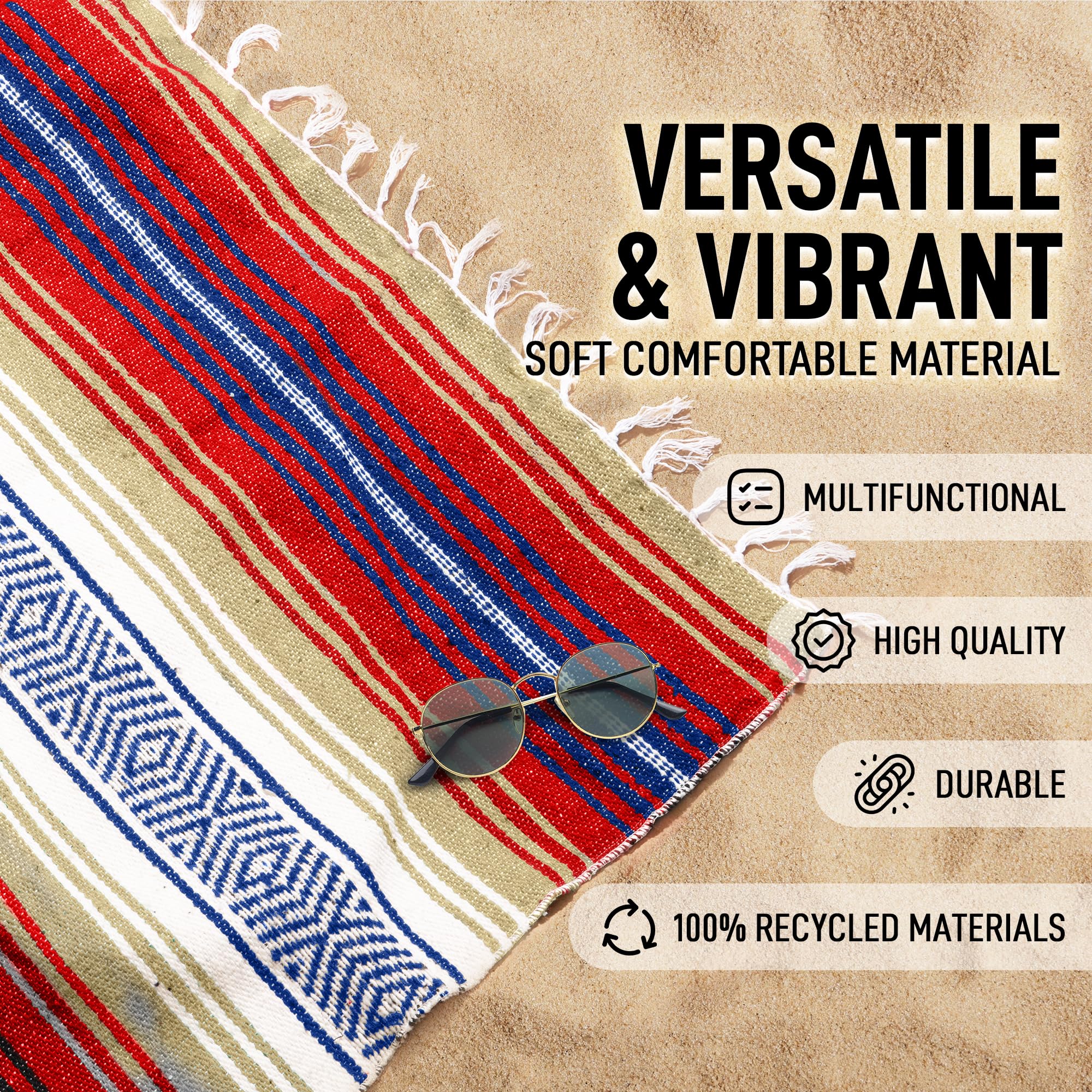 Hydration Nation Authentic Large Handwoven Mexican Striped Throw Blanket - Soft, Durable, Eco-Friendly - 70x50 - Sunrise