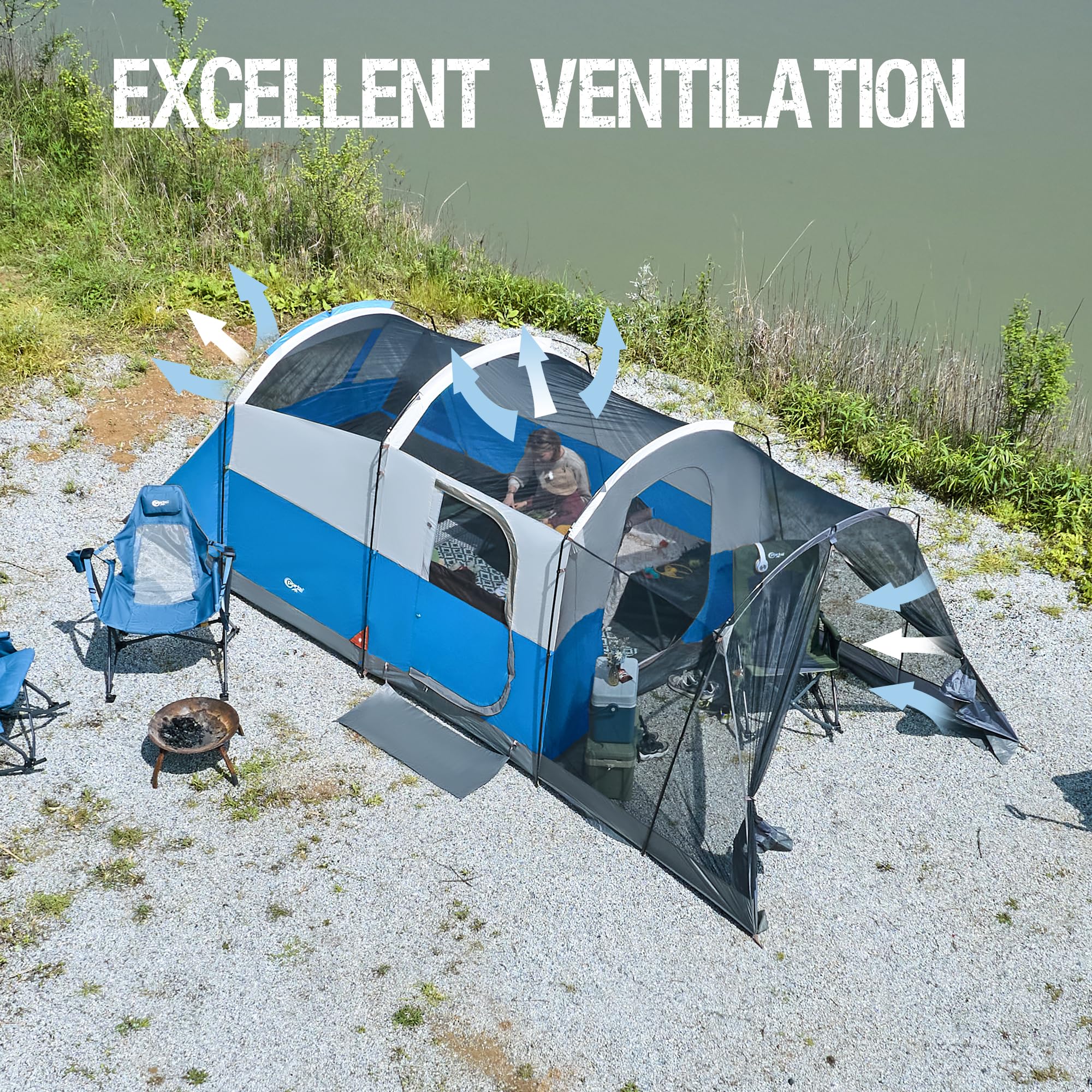 Portal 8 Person Family Camping Tent With Screen Porch, Weather Resistant Tunnel Tent With Rainfly, Large Family Tents For Outdoo