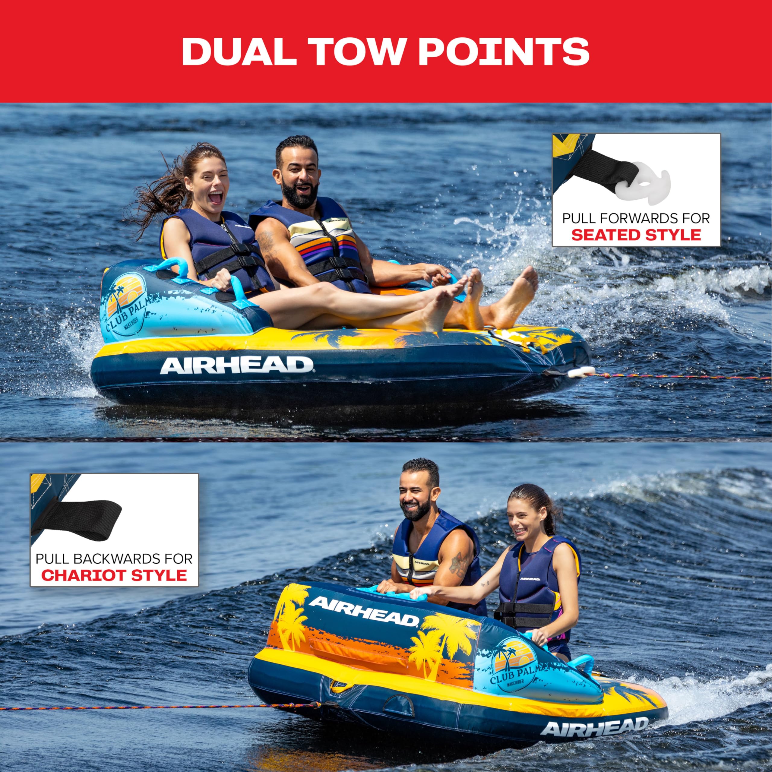 Airhead Club Palm Inflatable Towable Tube, 1-2 Rider, Dual Tow Points, Patented Speed Valve, Boat Tubes and Towables