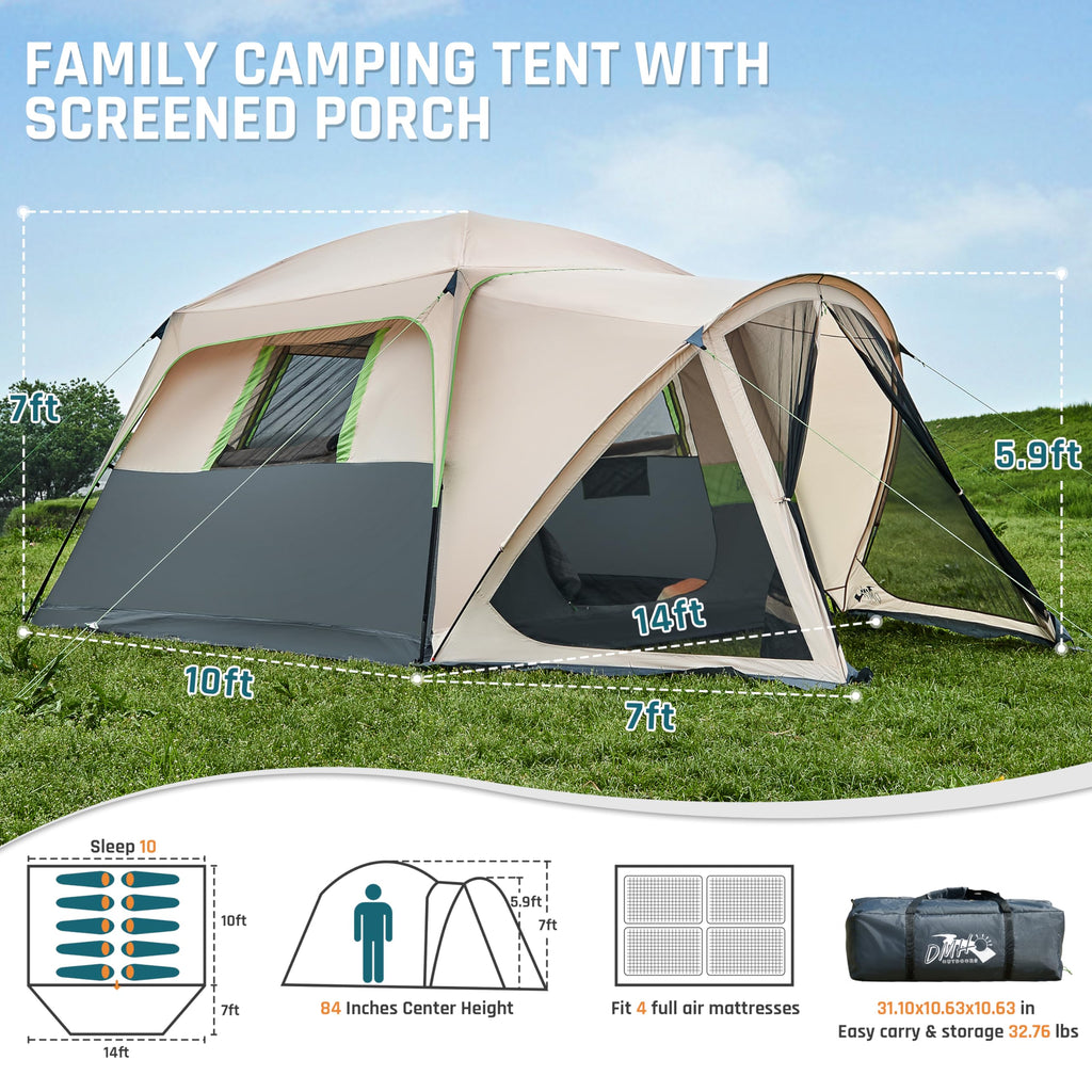 Tents For Camping 10 Person Camping Tent With Screen Porch, Weatherproof Large Cabin Tent With Rainfly And Carry Bag, Family Ten