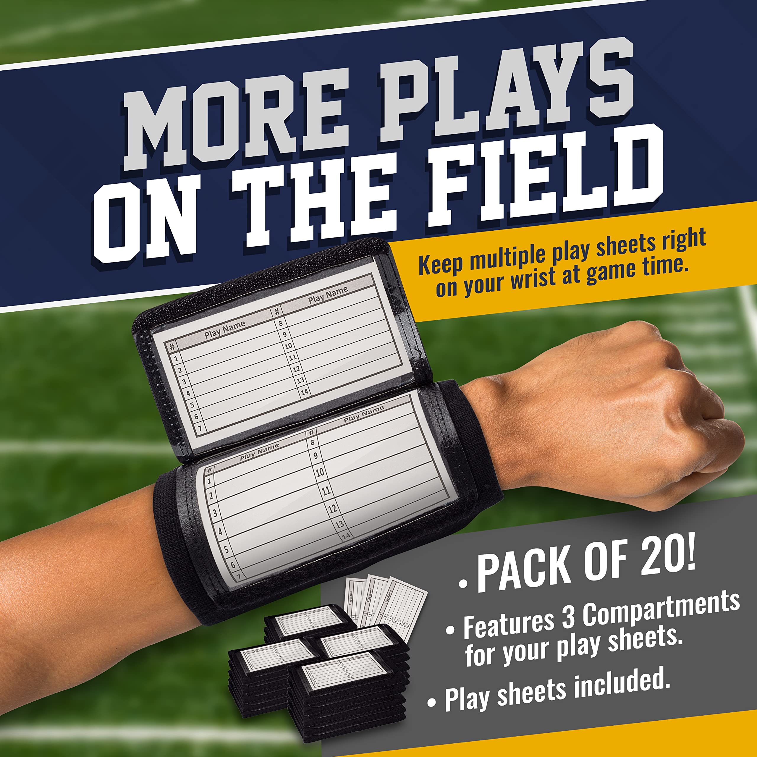 Gsm Brands Quarterback (Qb) Play Wristband - Youth Size - Pro Football Armband Playbook - 20 Pack (Black)