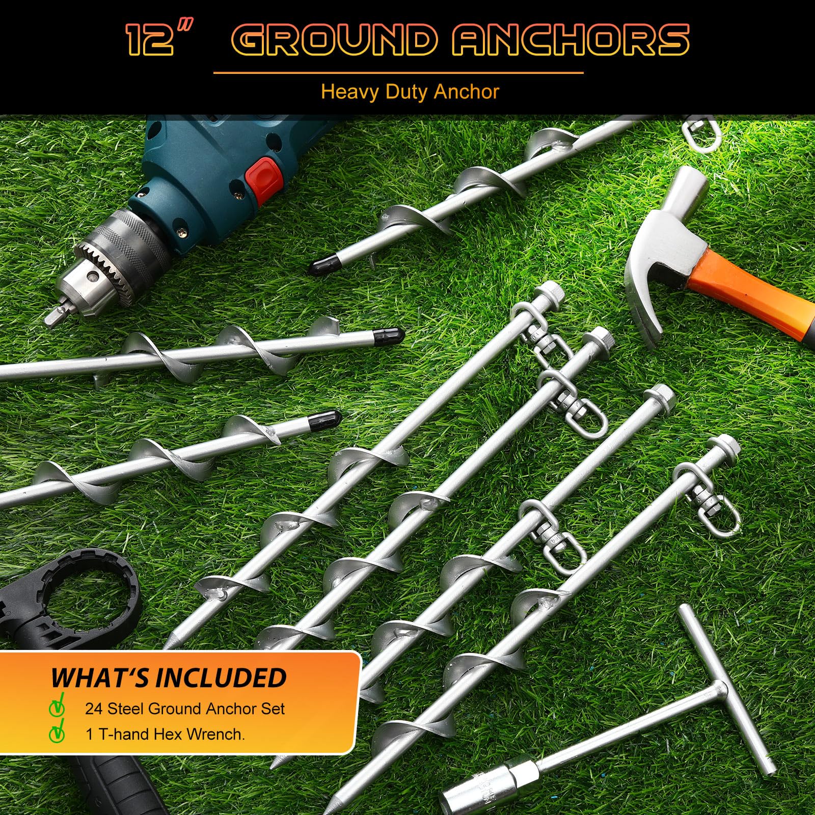 Zhengmy 24 Pcs Ground Anchors Screw In, 12 Inch Heavy Duty Tent Stakes With Trampoline Anchor Hook Ground Stakes For Camping Ten
