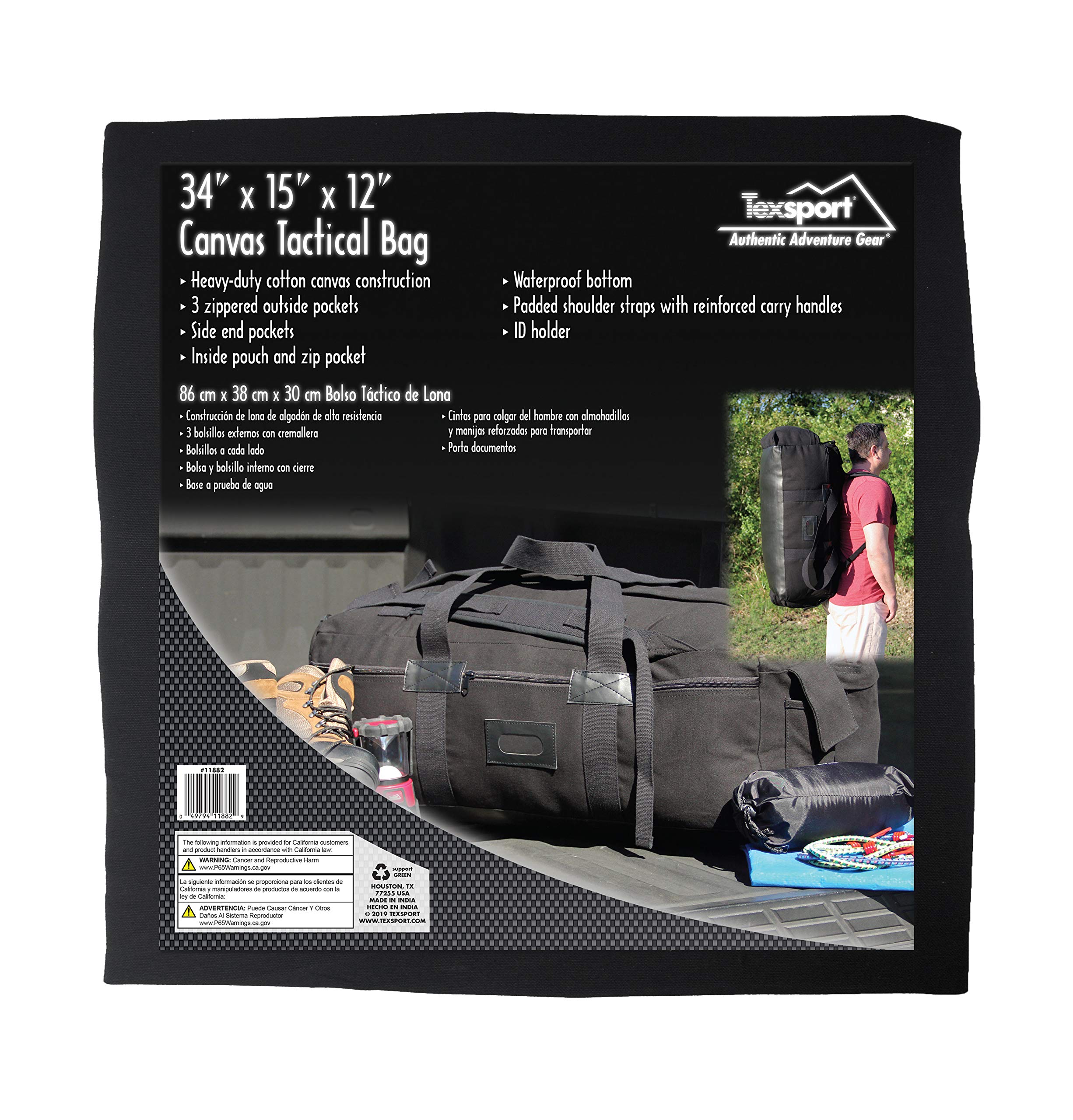 Texsport Tactical Travel Bag With Padded Shoulder Straps To Carry On Your Back , Black, 34'' X 15'' X 12''