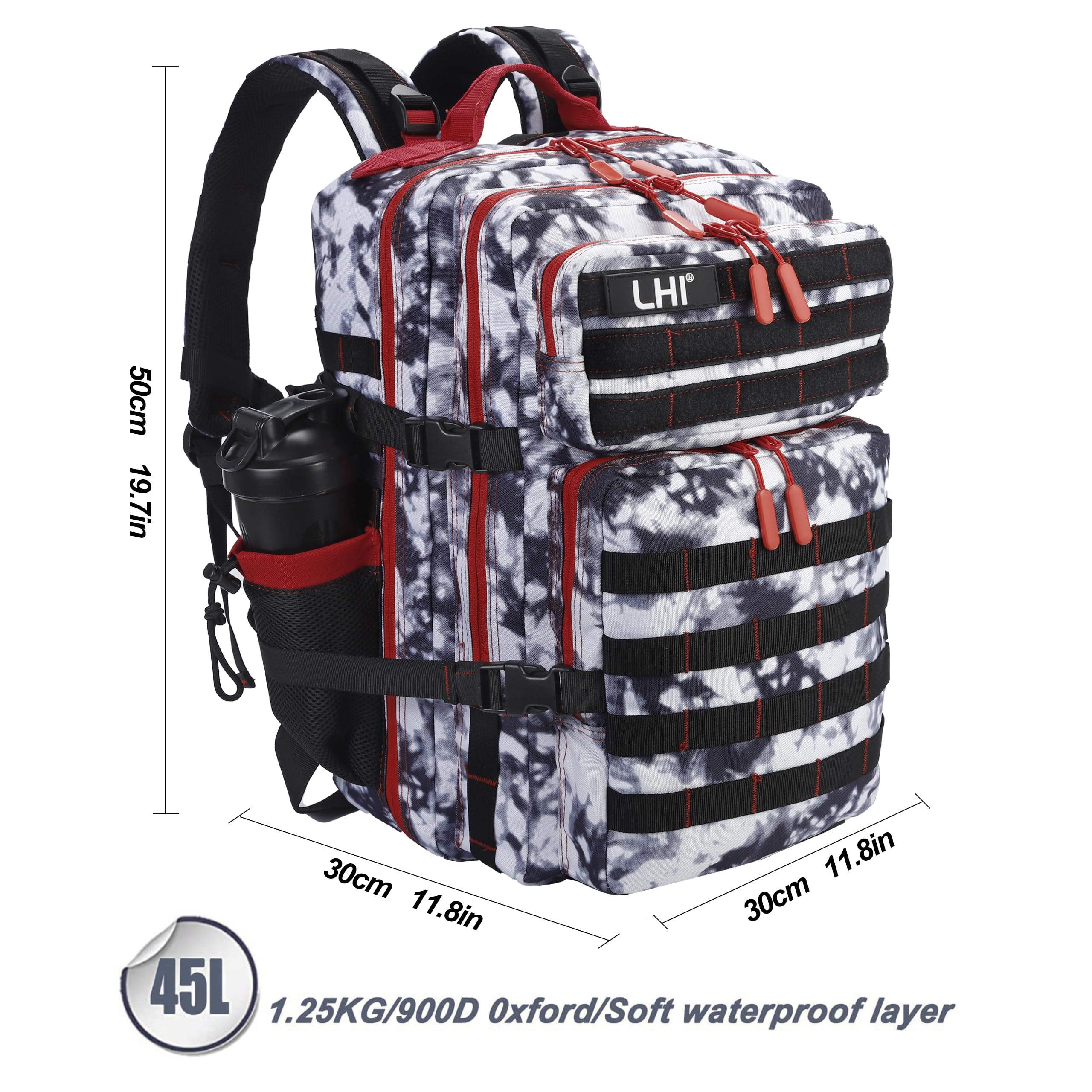 LHI Military Tactical Backpack for Men and Women 45L Army 3 Days Assault Pack Bag Large Rucksack with Molle System Black and whi