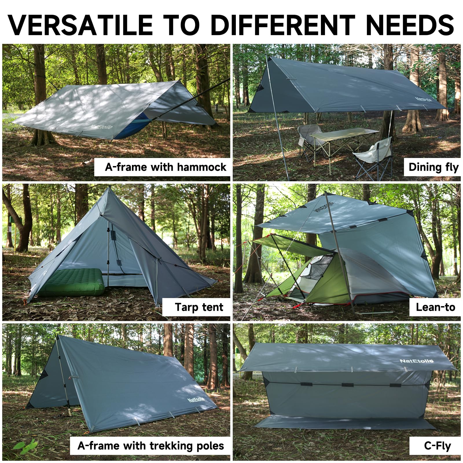 Natetoile Waterproof Camping Tarp - Pu5000Mm Coating Rain Fly For Hammock Cover, Tarp Tent, Versatile With 19 Tie-Outs - Portabl