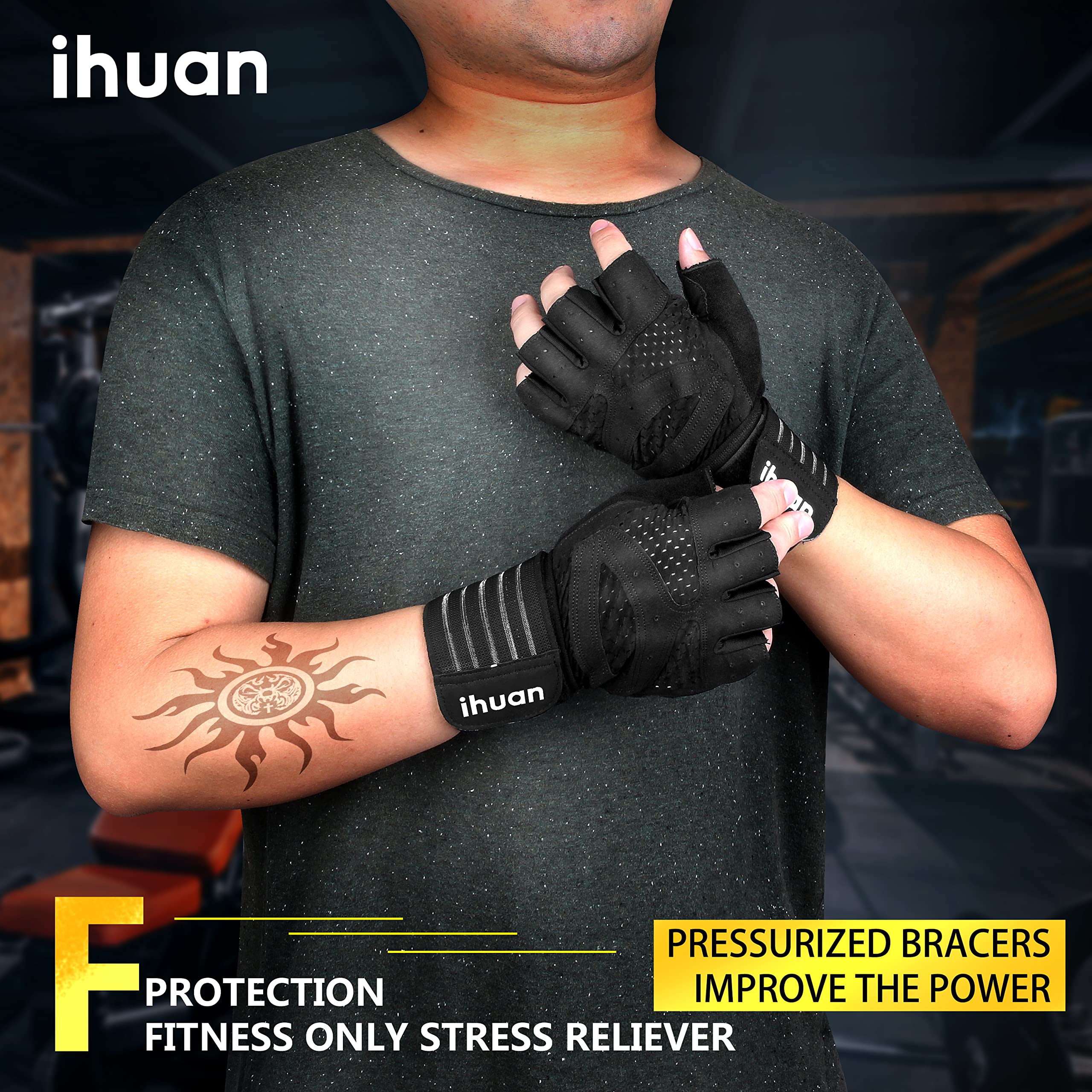 Ihuan Ventilated Weight Lifting Gym Workout Gloves Full Finger With Wrist Wrap Support For Men & Women, Full Palm Protection, Fo
