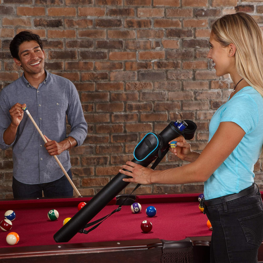 Casemaster Q-Vault Supreme Billiard/Pool Cue Hard Case, Holds 1 Complete 2-Piece Cue (1 Butt/1 Shaft), Black With Blue Trim