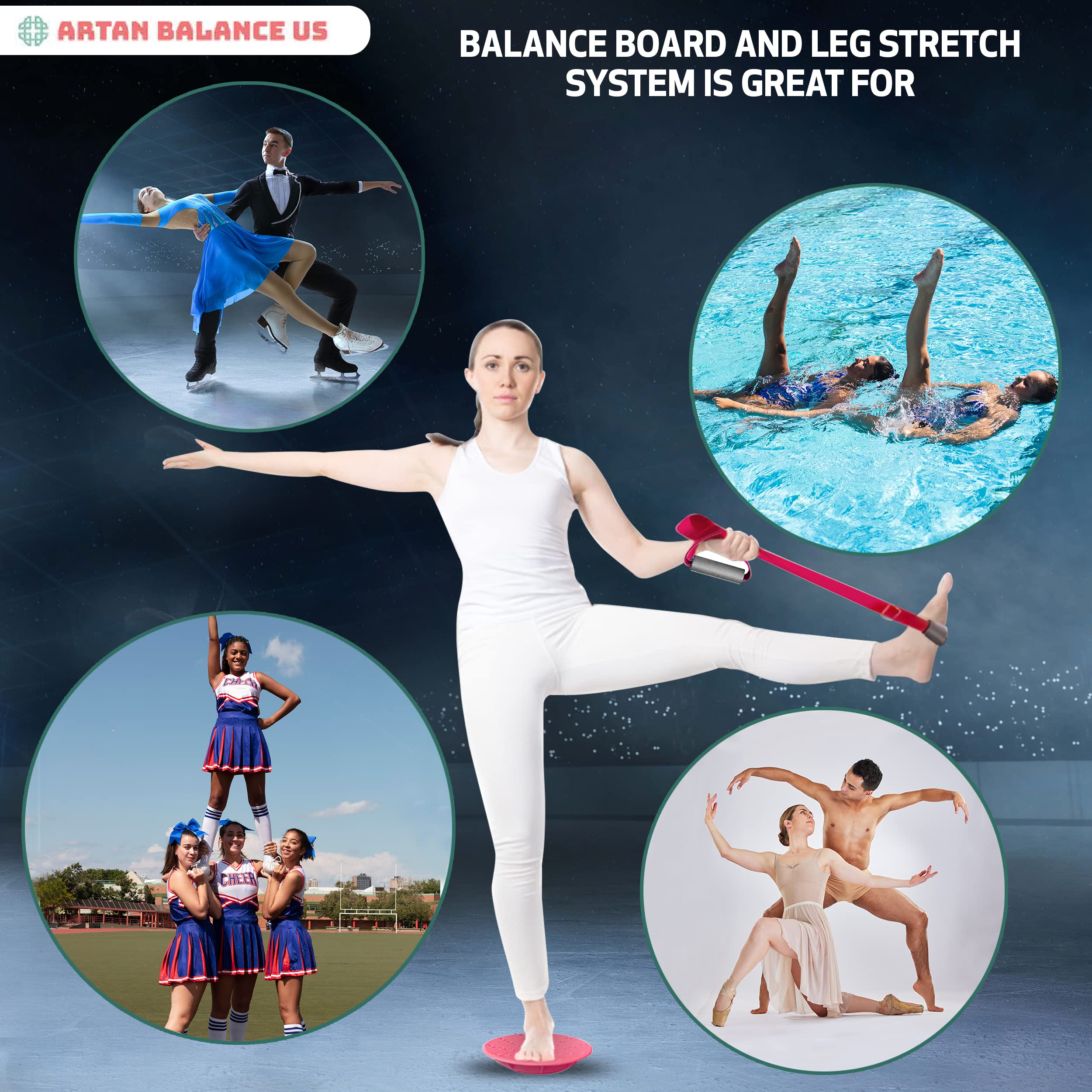 Leg Stretching Strap And Ballet Balance Board, 2 Pc. Set, Stretching, Disc Core Trainer And Flexibility Equipment For Dance, Gym