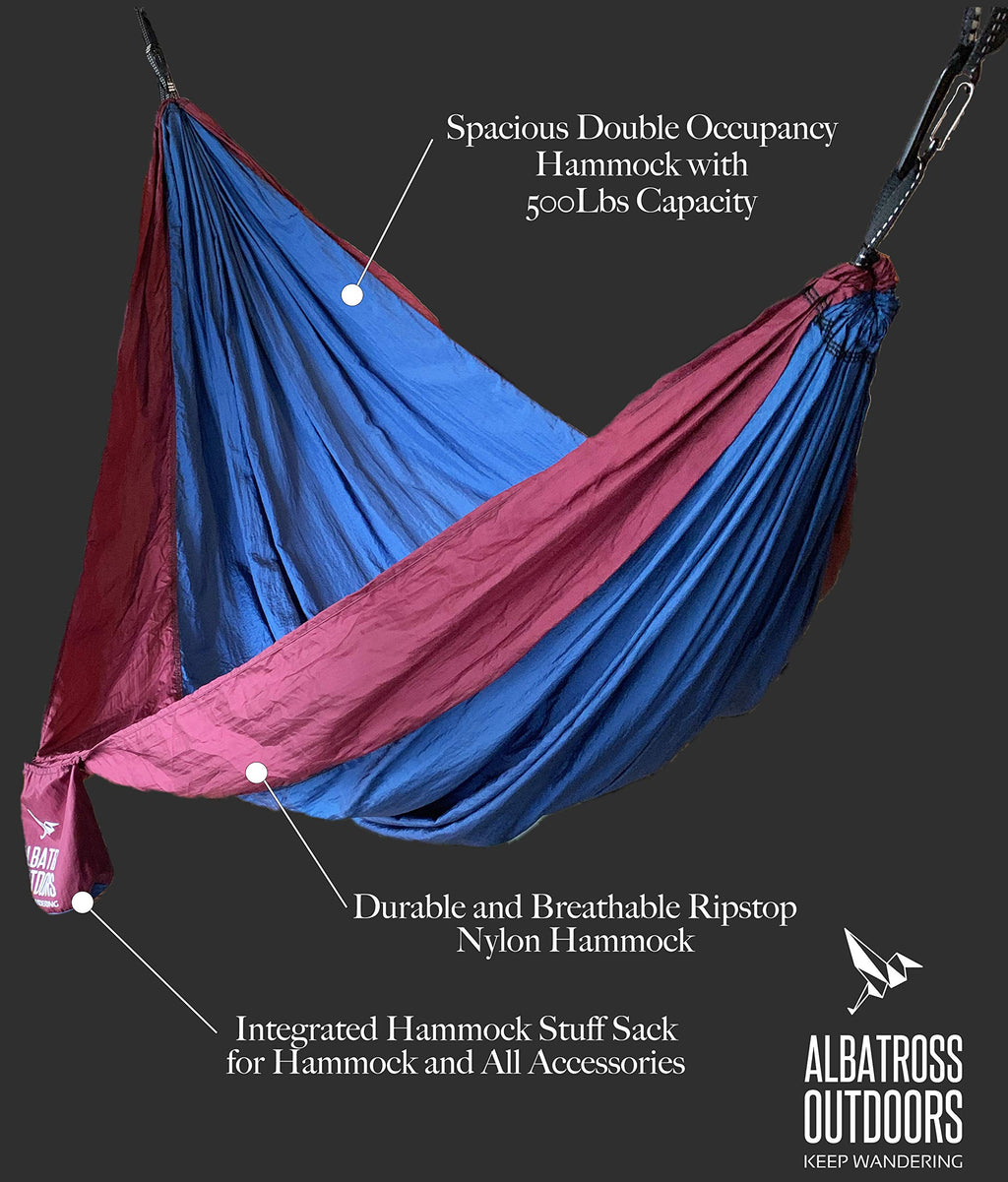Albatross Outdoors Xl Double Camping Hammock - Quality Breathable Ripstop Nylon - High Capacity - Includes Tree Straps And Carab