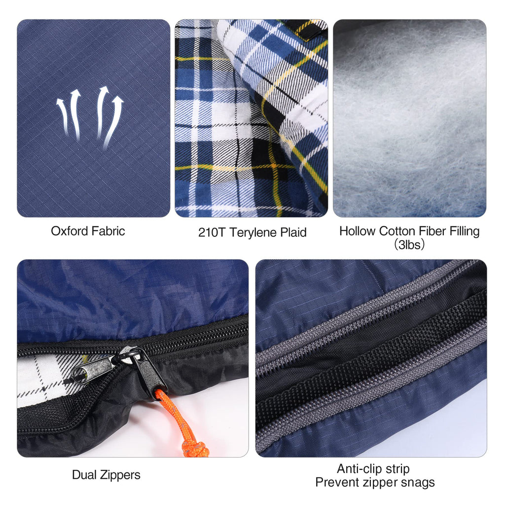Redcamp Flannel Sleeping Bag For Adults, Large Cotton Sleeping Bags For Camping With Detachable Hood, Blue Plaid With 3Lbs Filli