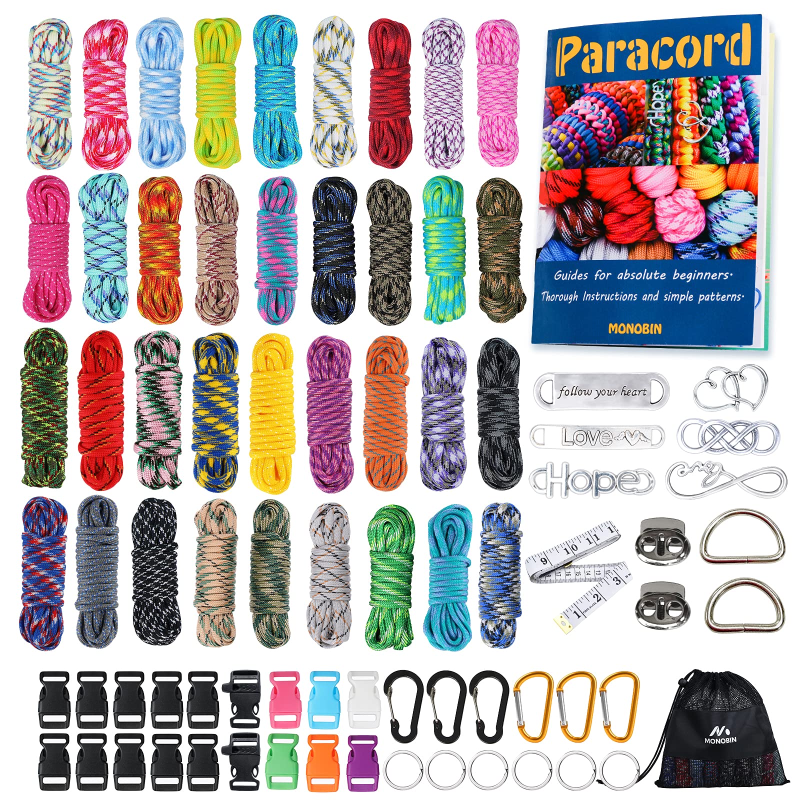 Monobin Paracord, 550 Paracord Combo Kit With Instruction Book - 36 Colors Multifunction Paracord Ropes And Complete Accessories