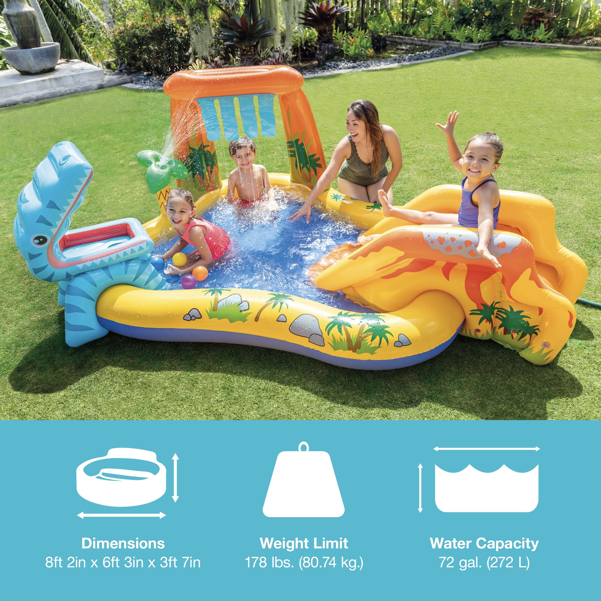 Intex Inflatable Dinosaur Play Center Outdoor Playhouse Inflatable Water Park With Kid Pool Slide, Water Sprayer, Waterfall, And